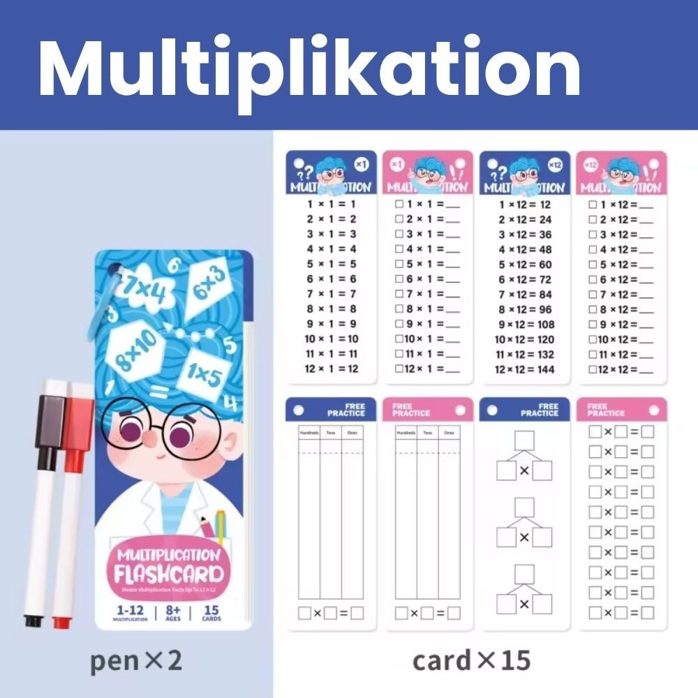 Montegoni Schulheft Mathe Lernkarten Multiplikation Schreibbar Abwischbar mit Stift Kinder, Abwischbar wiederverwendbar schreibbar Einmaleins Training mit Marker