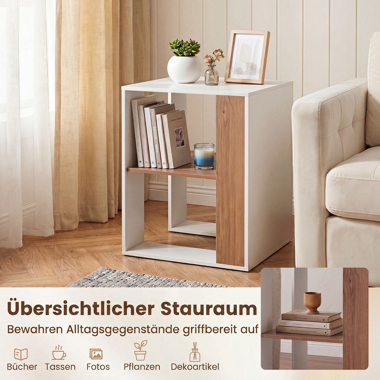 COSTWAY Beistelltisch, Holz quadratisch Nachttisch mit 2 Ebenen 45x45x60cm Weiß