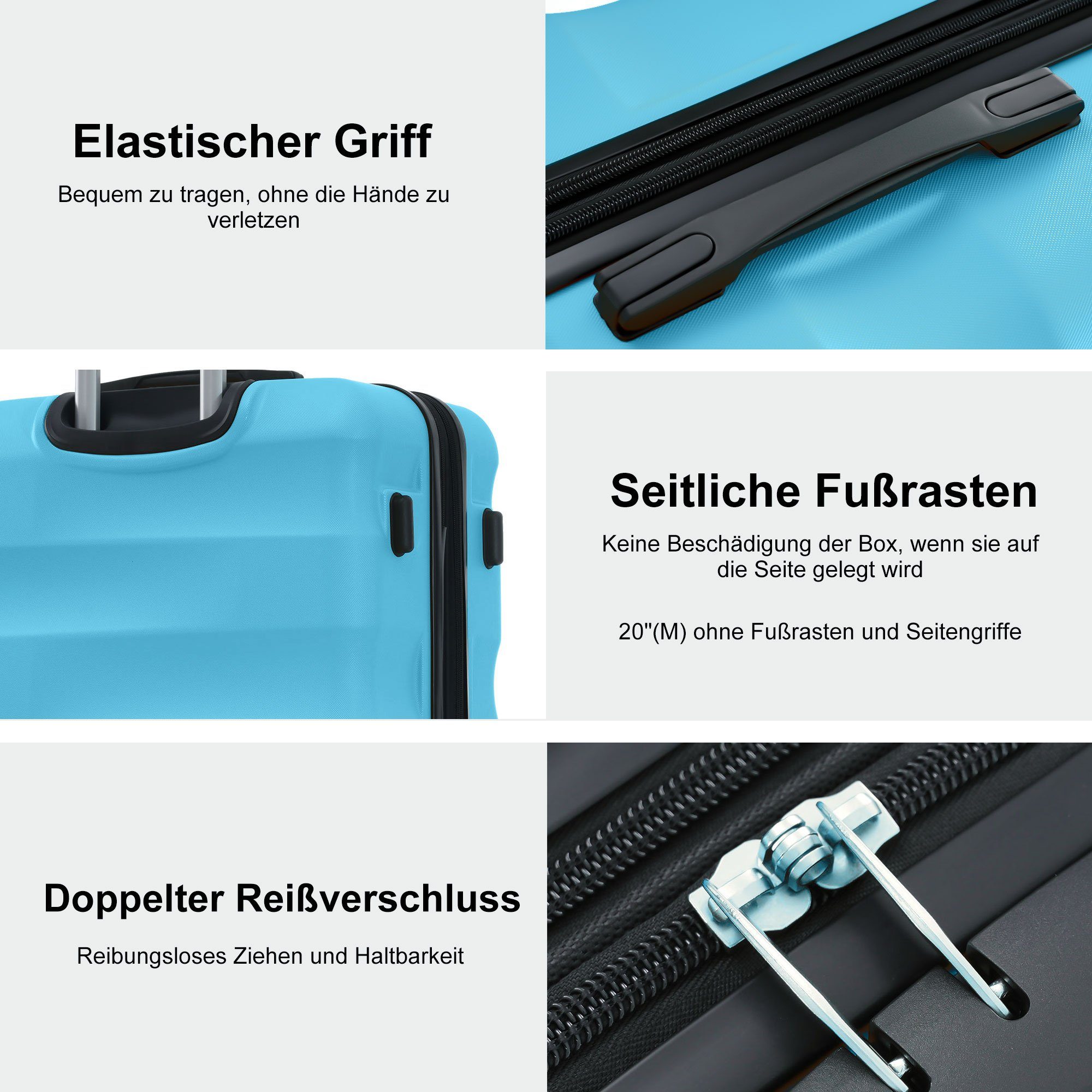Kofferset Trolleyset TSA Blau tlg) 360° Zollschloss, 4 Ulife ABS-Material, (3 Rollen, -Räder, Reisekoffer