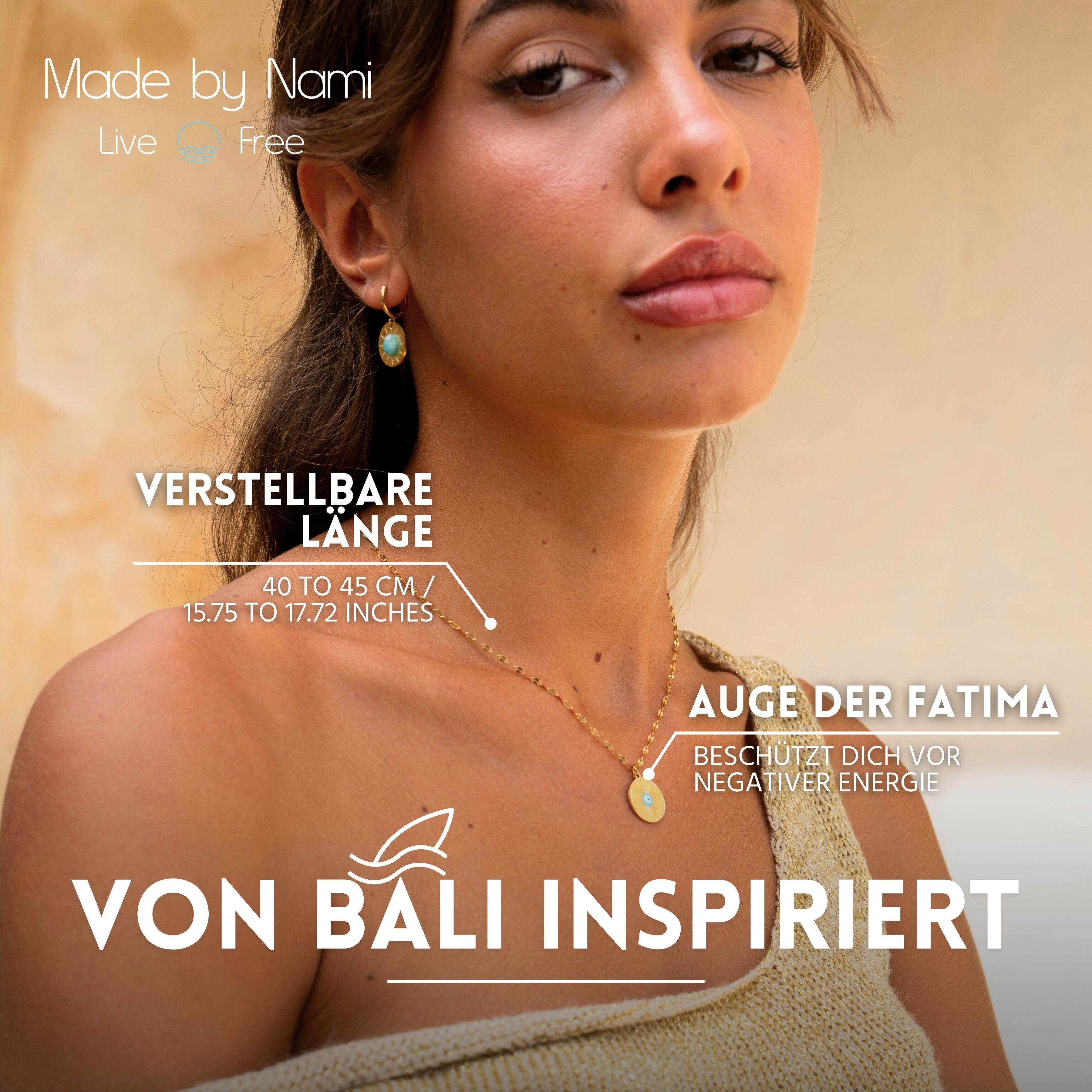 Made by Nami Charm-Kette Damen Halskette gold Sonnenanhänger Evil Eye verstellbar wasserfest, aus Edelstahl – Boho-Stil – symbolisches Design – hypoallergen