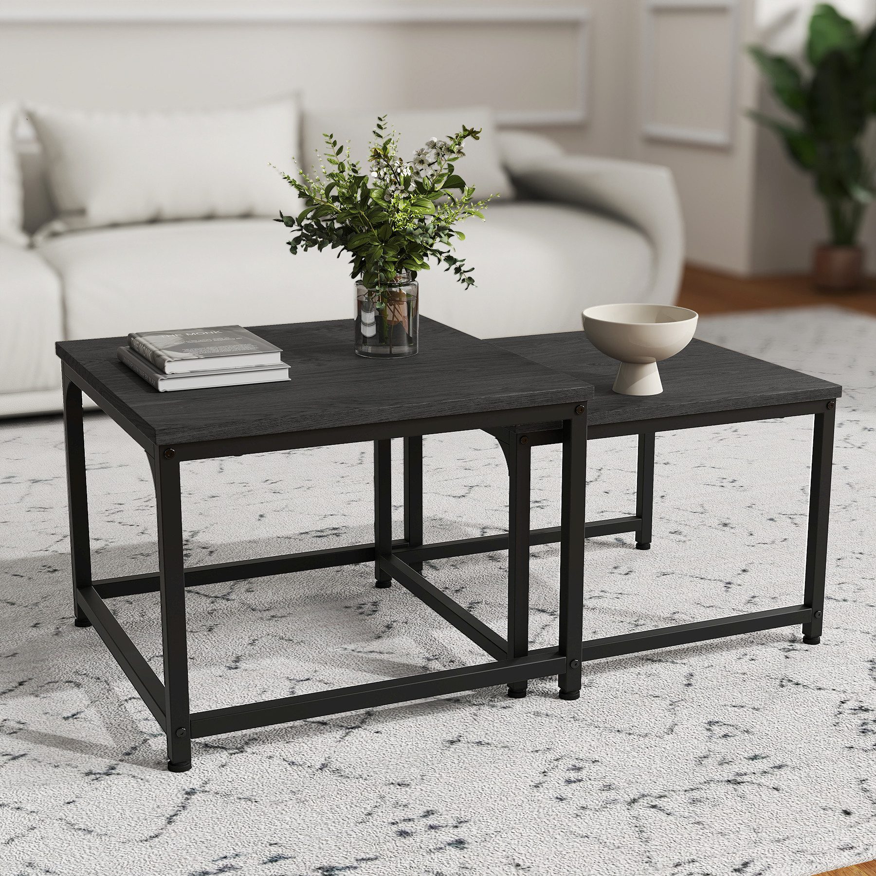 HawthyHome Couchtisch 2er-Set quadratischer Wohnzimmertisch aus Holz mit Metallgestell (2-St), moderner Beistelltisch für Wohnzimmer und Schlafzimmer, platzsparend