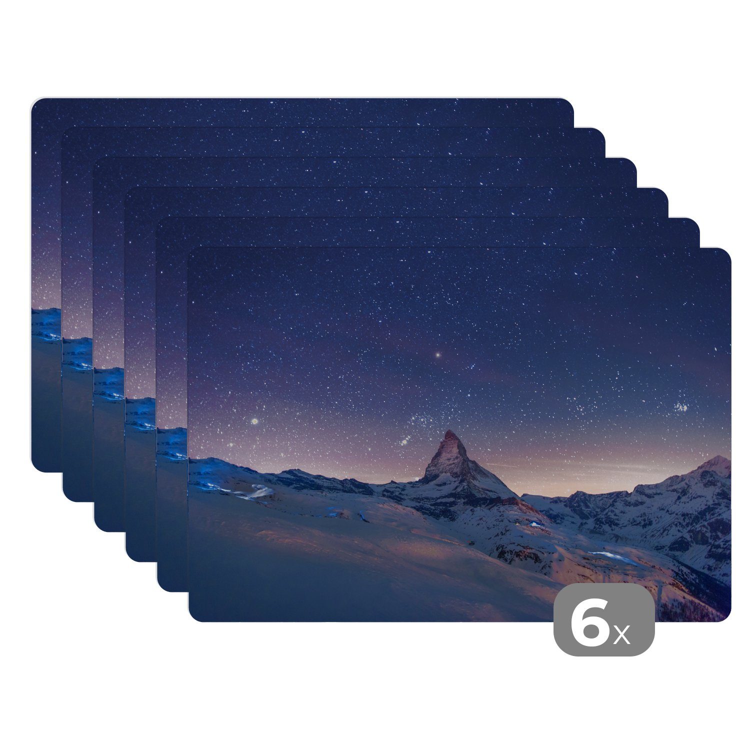 Platzset, Nacht über der Landschaft im Winter des Schweizer Matterhorns, MuchoWow, (6-St), Platzset, Platzdecken, Platzmatte, Tischmatten, Schmutzabweisend