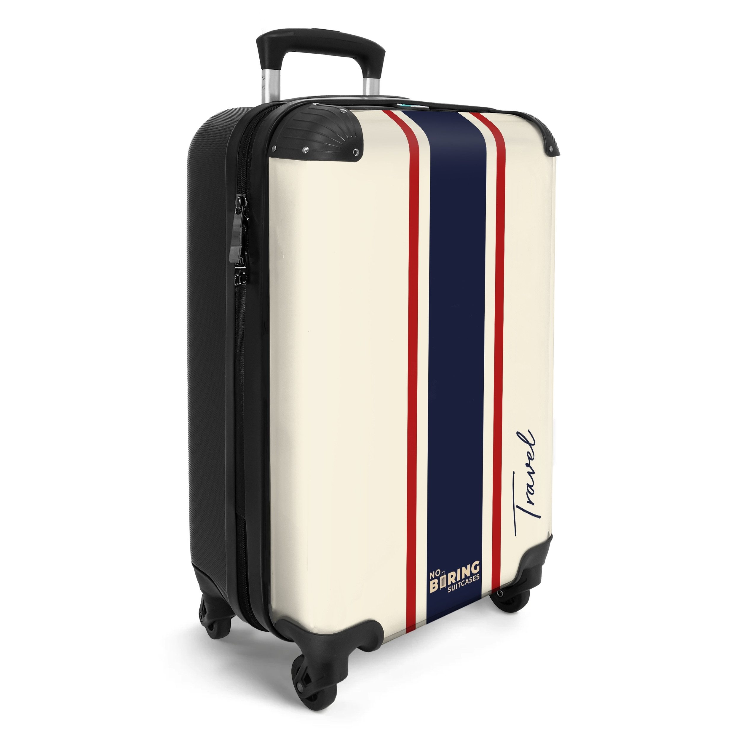 NoBoringSuitcases.com© Hartschalen-Trolley Cremefarbener Hintergrund mit zentralem dreifarbigen Streifen und Text, 4 Rollen, Reisetasche mit Rollen, Koffer Handgepäck Flugzeug