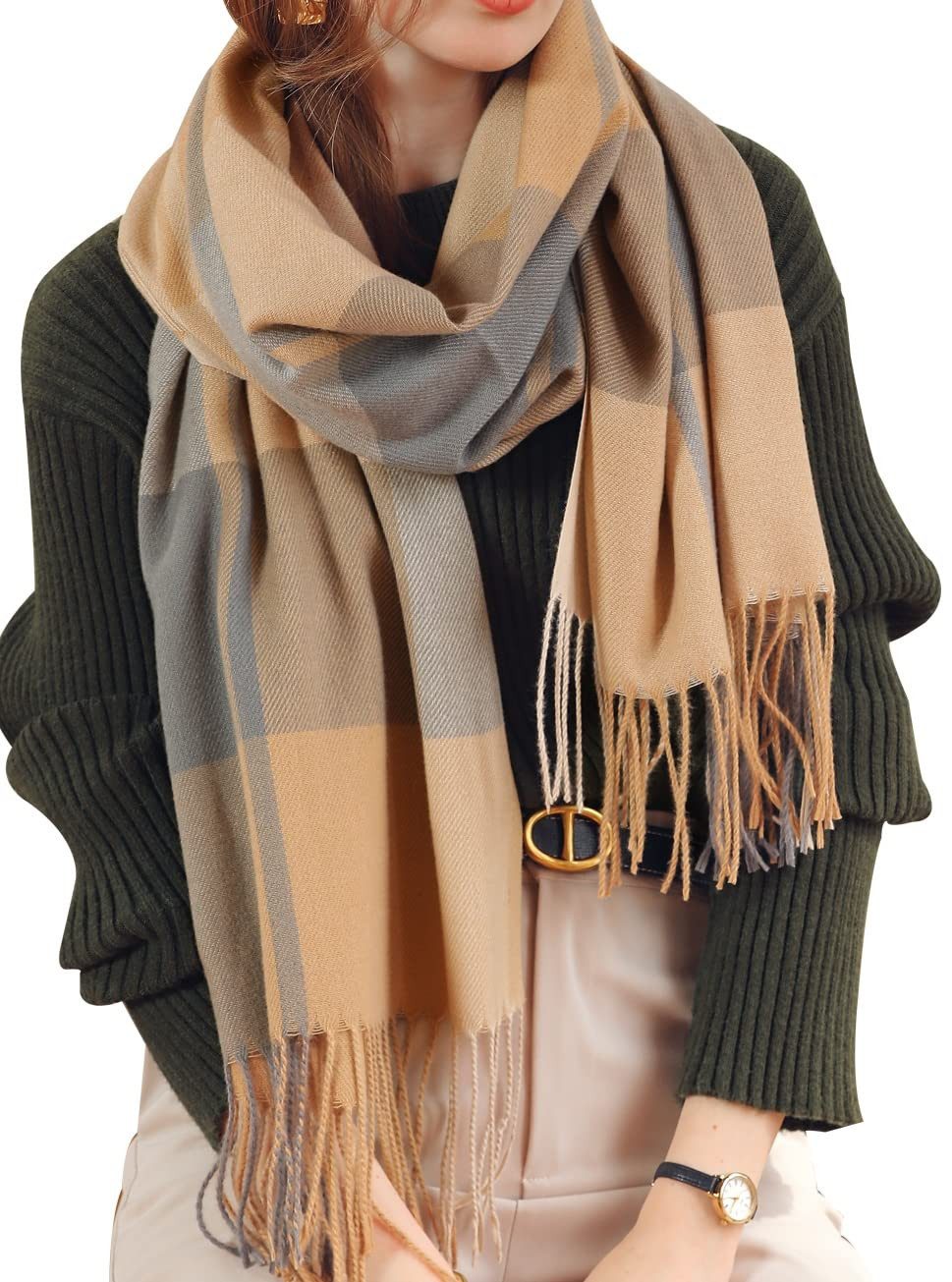 Cachito Modeschal Damen Kariert Oversized Schal mit Fransen, Winterschal Weich Wraps, Karo Fransen Schals Warm für Herbst Winter, Mischfarbe