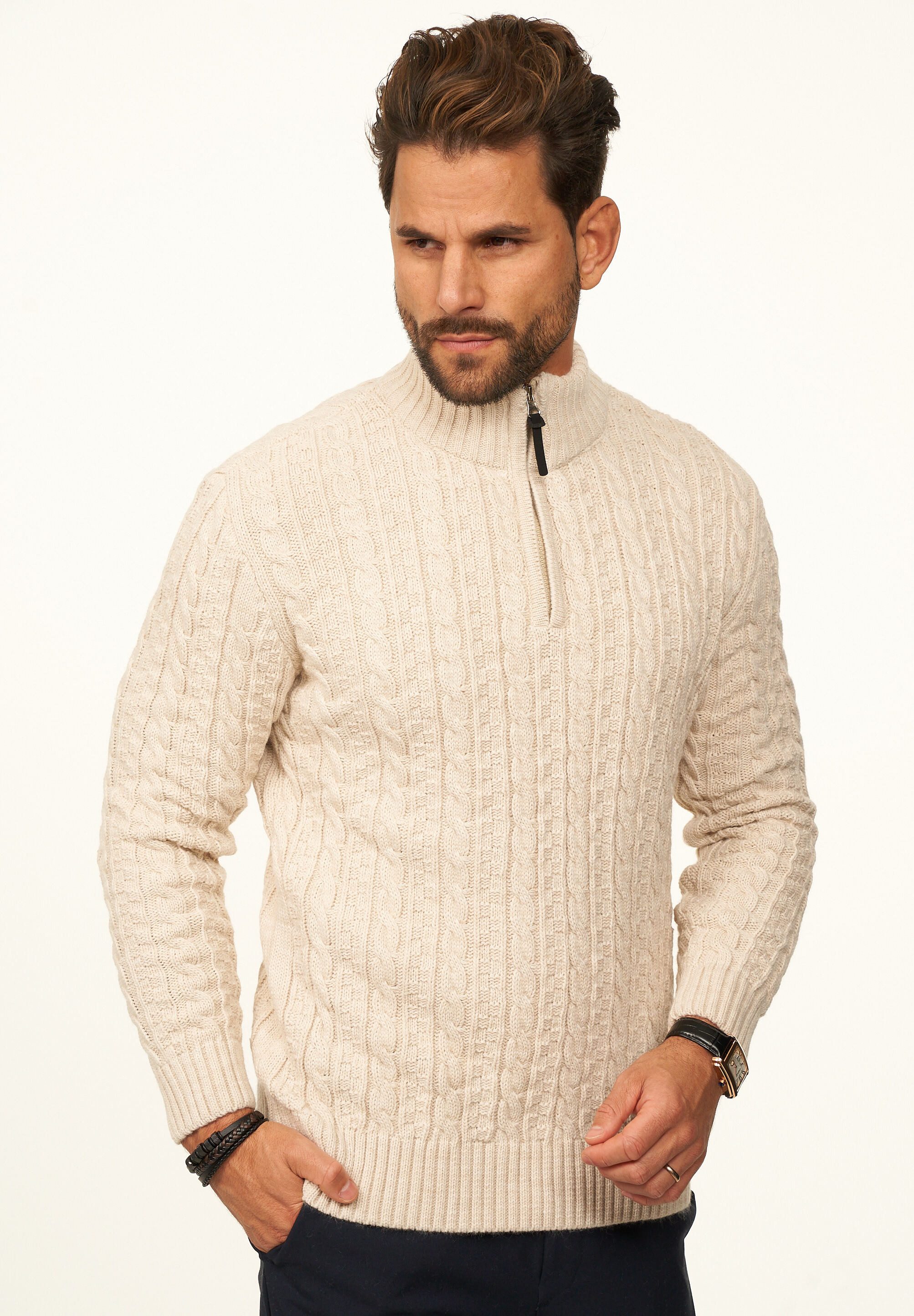 DAILY COTTON Strickpullover als Grobstrick Troyer Pulli mit Zopfmuster für Herren Männer Winterpullover Half-Zip im Regular-Fit