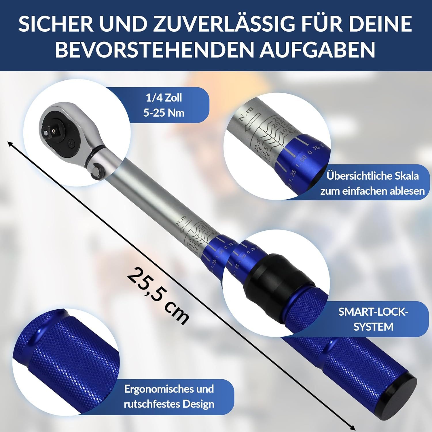 NTG Nutzfahrzeug Technik GmbH Drehmomentschlüssel 1/4 5-25 Nm Ratsche Drehmoment Werkzeug Fahrrad