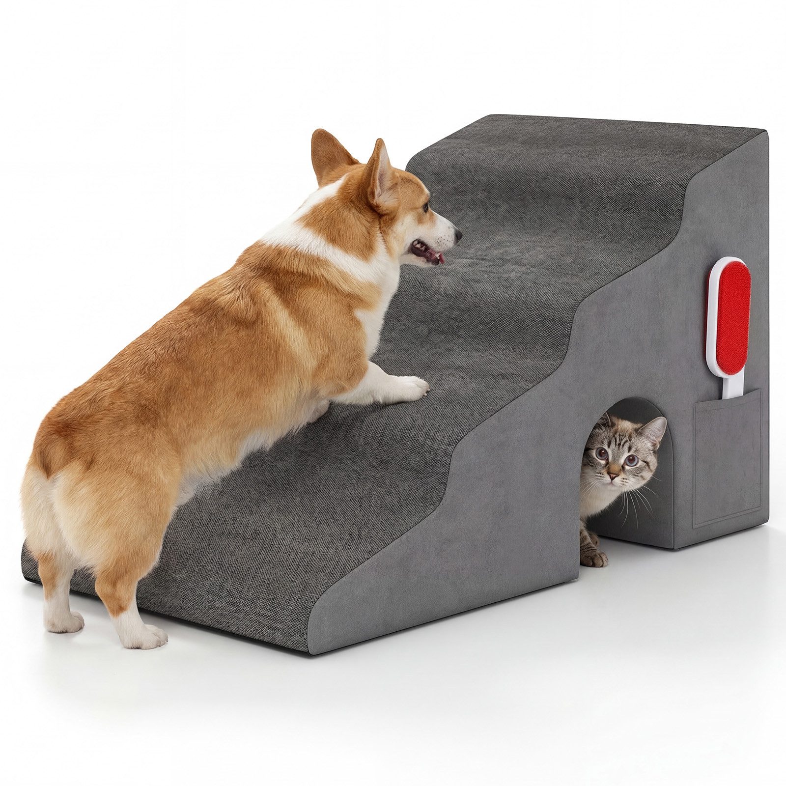 COSTWAY Haustiertreppe Hundetreppe, 4 Stufen (1-St), Katzentreppe mit Fusselbürste & Griff