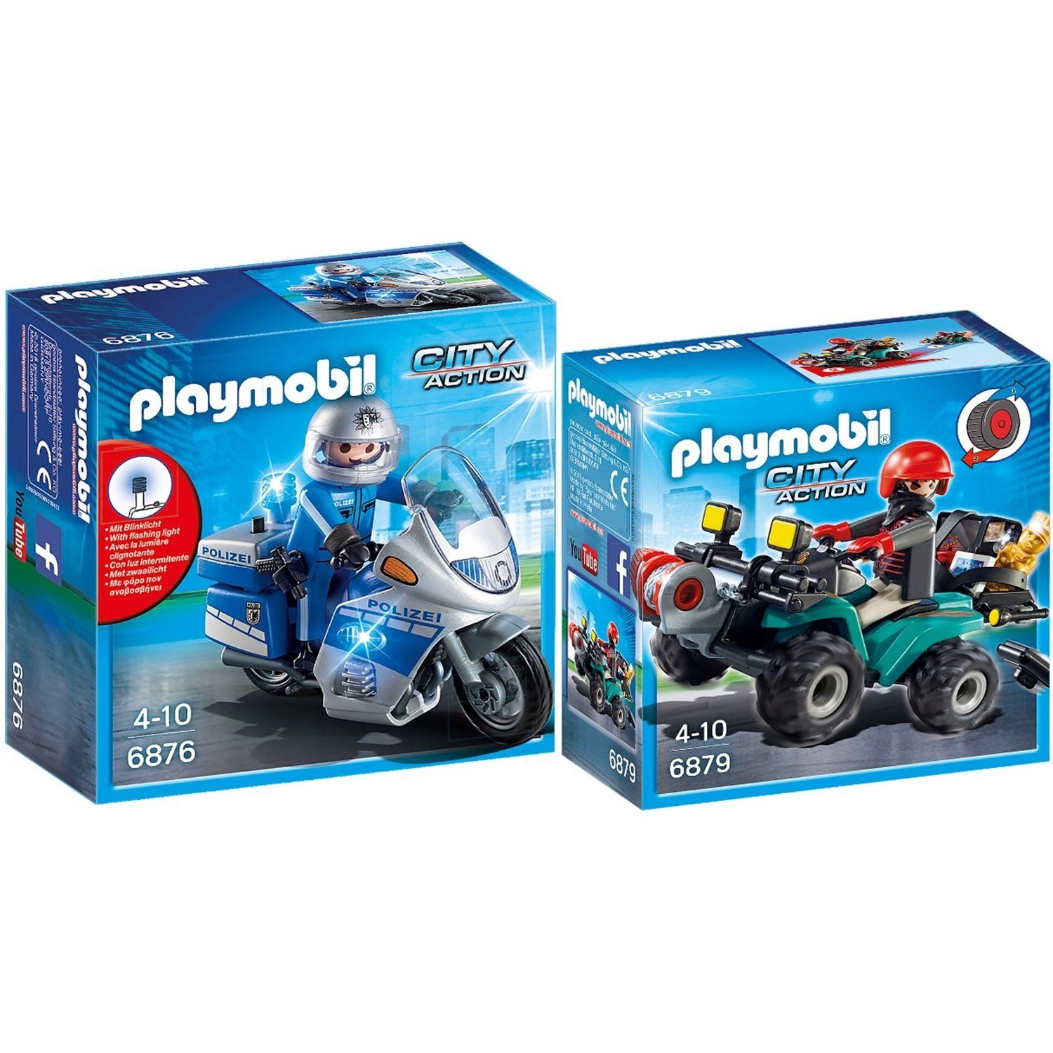Playmobil® Spielbausteine »6876 6879 City Action 2er Set Motorradstreife +  Ganoven-Quad«