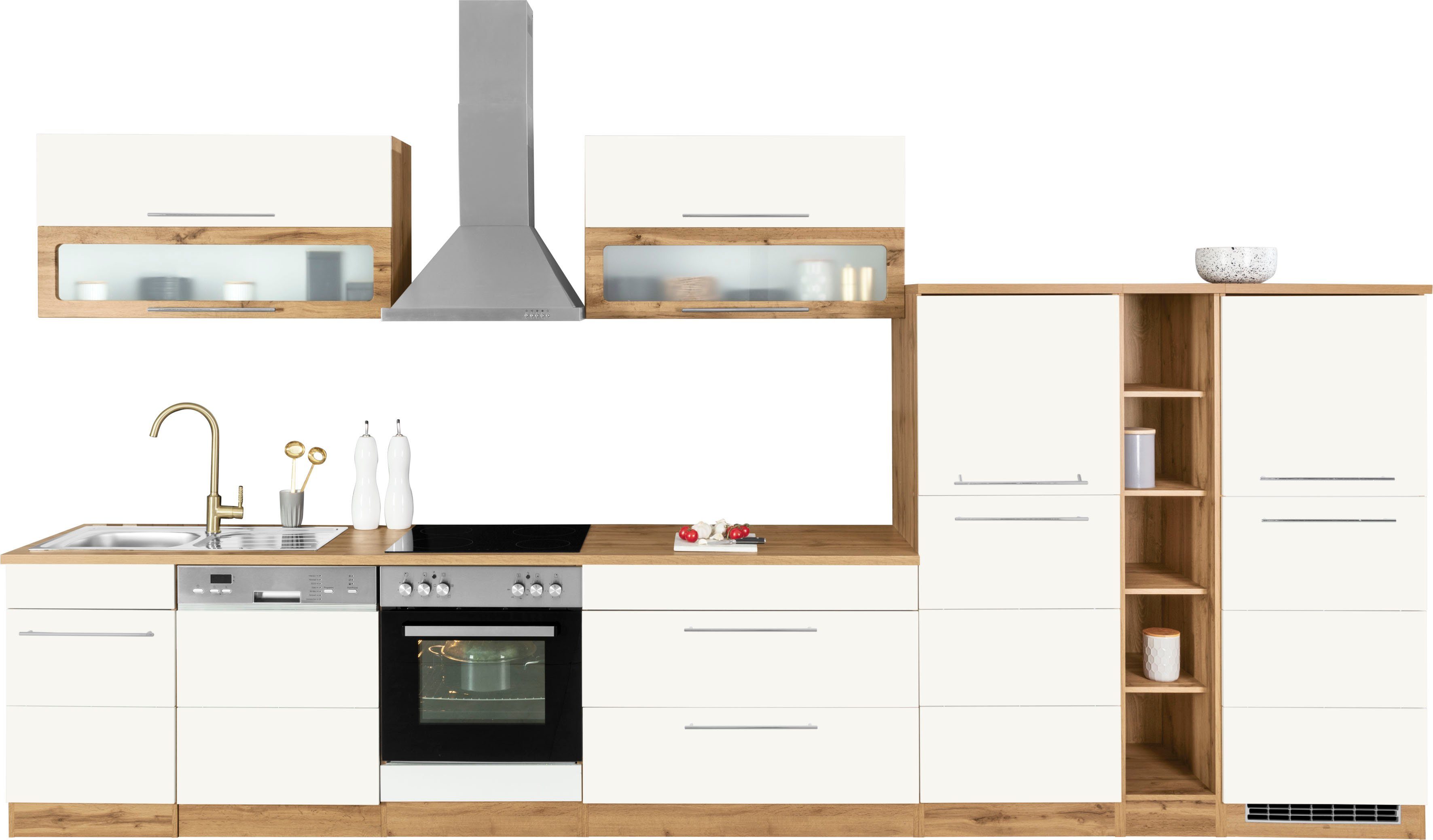 Kochstation Küchenzeile KS-Wien, Breite 420 cm, wahlweise mit E-Geräten