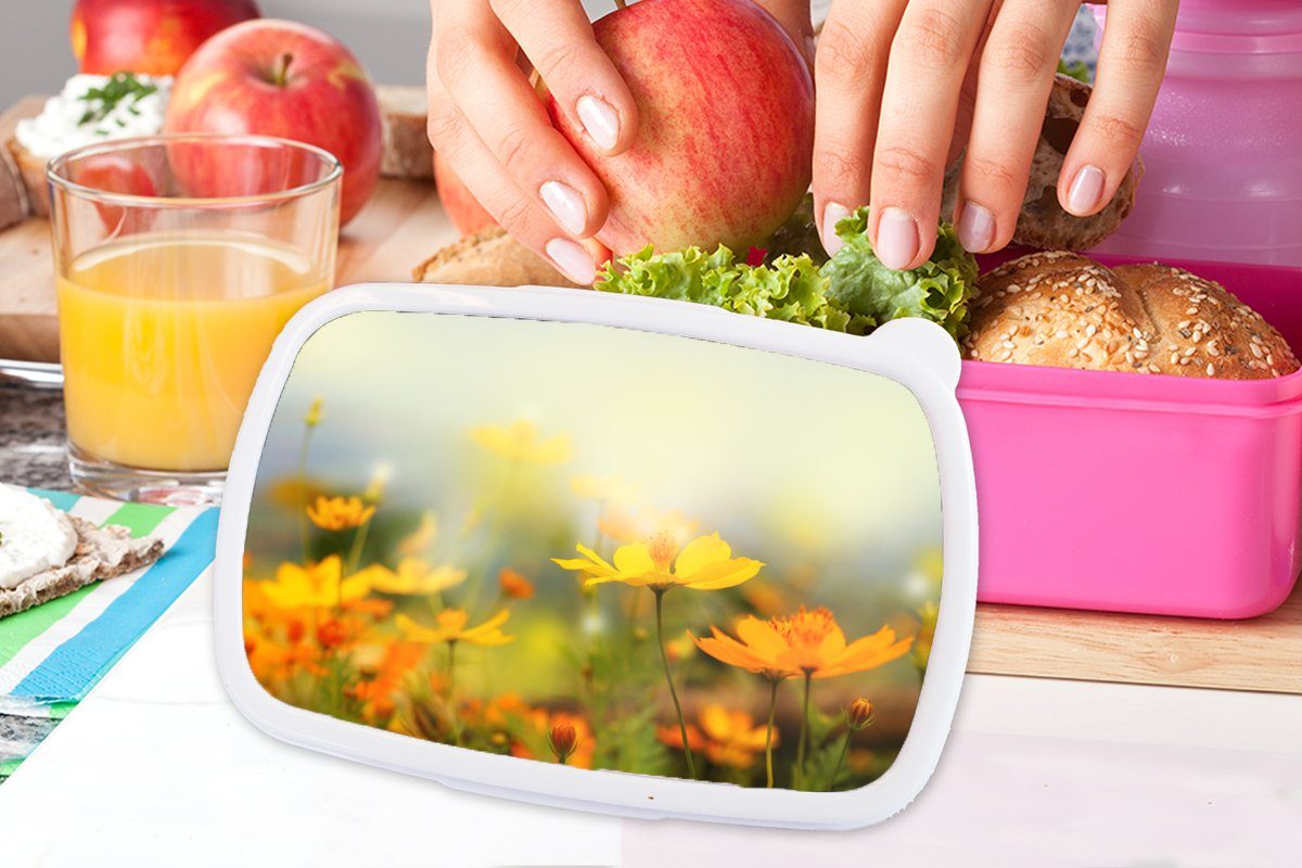 MuchoWow Lunchbox Brotdose für Mädchen, Blumen rosa Kunststoff, Brotbox - Kinder, Landschaft - (2-tlg), Kunststoff Gelb, Snackbox, Erwachsene