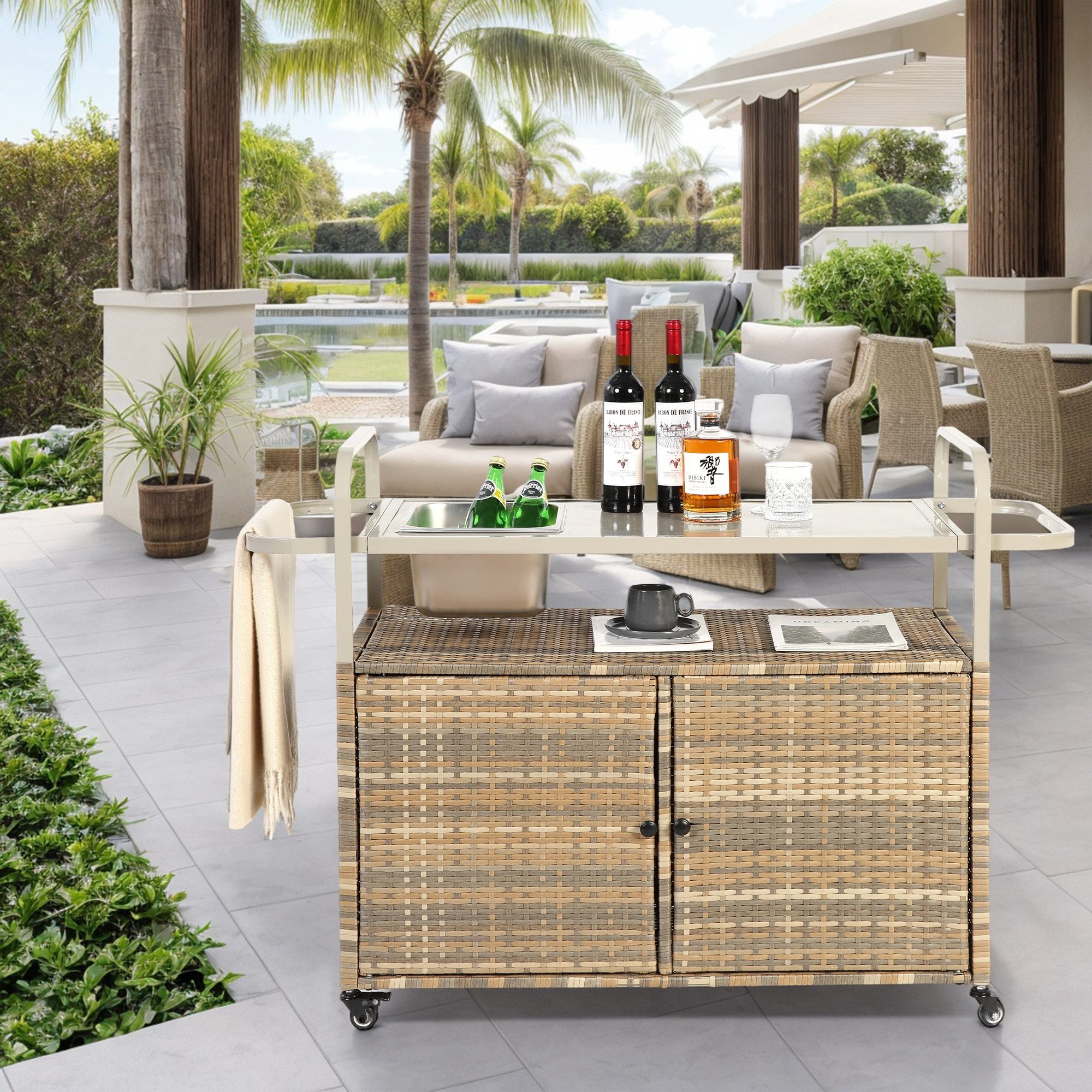 IDEASY Auflagenbox Outdoor-Barwagen mit Schwenkrädern & Eisbehälter – Garten & Pool