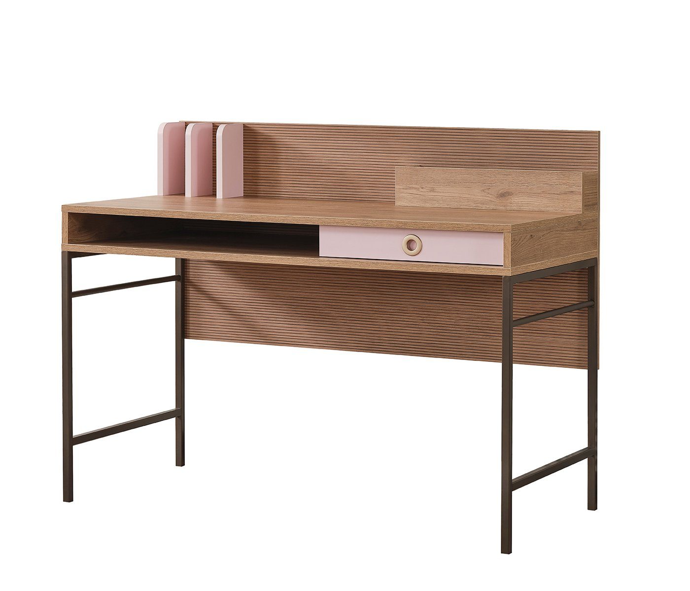 Möbel-Zeit Schreibtisch ALICE – Weiß & Holzoptik – Mit erhöhter Rückwand & Schublade