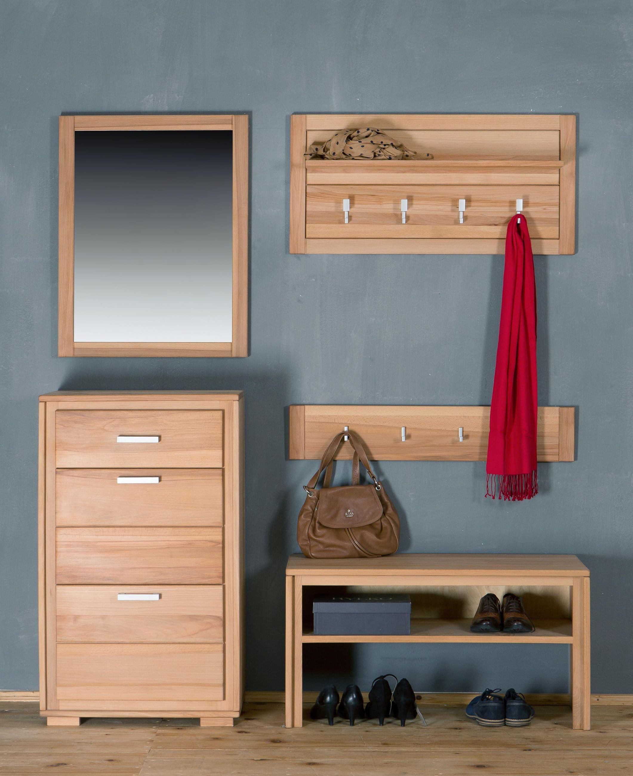 Trendmöbel24 Garderoben-Set Garderoben Set Genf IV Kernbuche Massivholz geölt/gewachst 5-teilig, (Komplett-Set, 5-St., Schuhschrank, Garderobenbank, Garderobenpaneel, Hakenleiste, Spiegel)