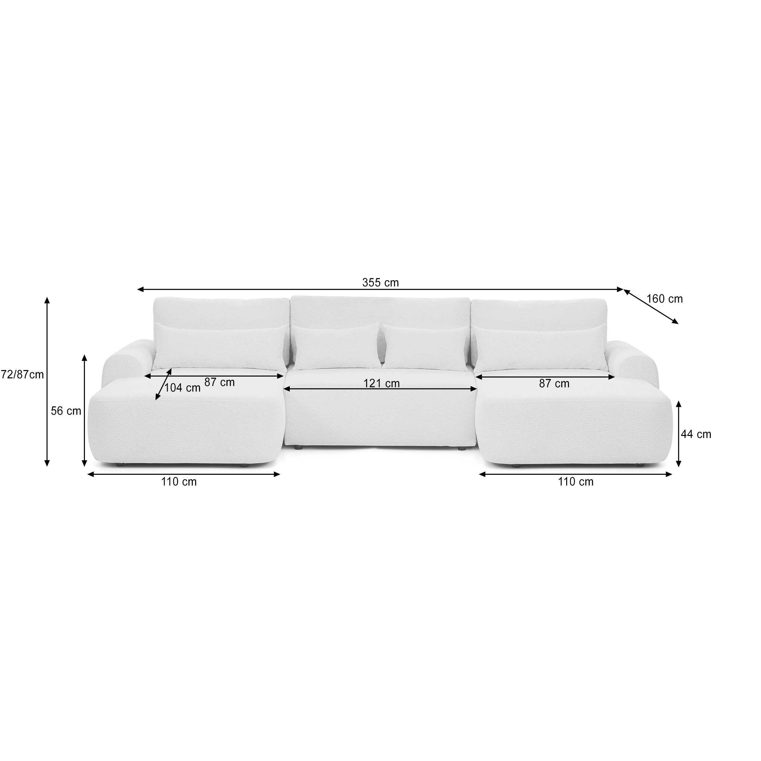Beautysofa Ecksofa Oliver U-Form mit Schlaffunktion & Bettkasten, Großes Sofa mit Bouclé Stoff QUELLE, 6 Farben, Breite: 355 cm