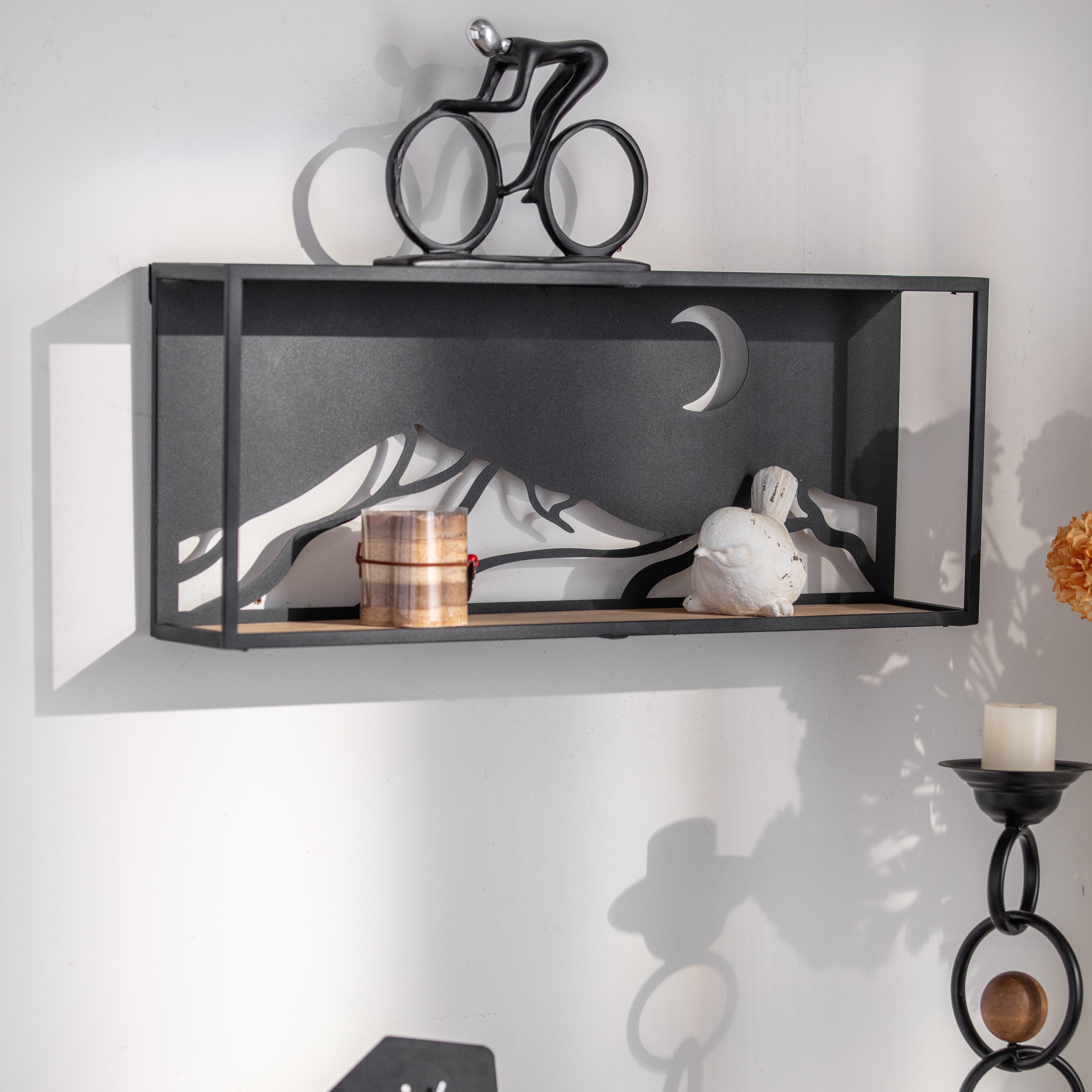 K&L Wall Art Deko-Wandregal Holz Metallregal Landhaus Hängeregal Vintage Holzregal Mond, Platzsparendes Dekoregal