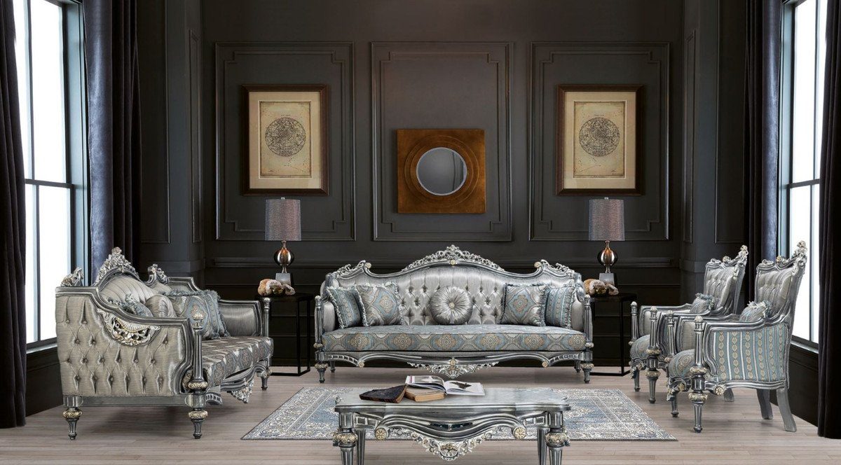 Casa Padrino Couchtisch Luxus Barock Silber Verzierungen x H. mit 115 Couchtisch 115 Wohnzimmertisch Möbel - Massivholz Barock x / 53 - edlen Prunkvoller cm Gold