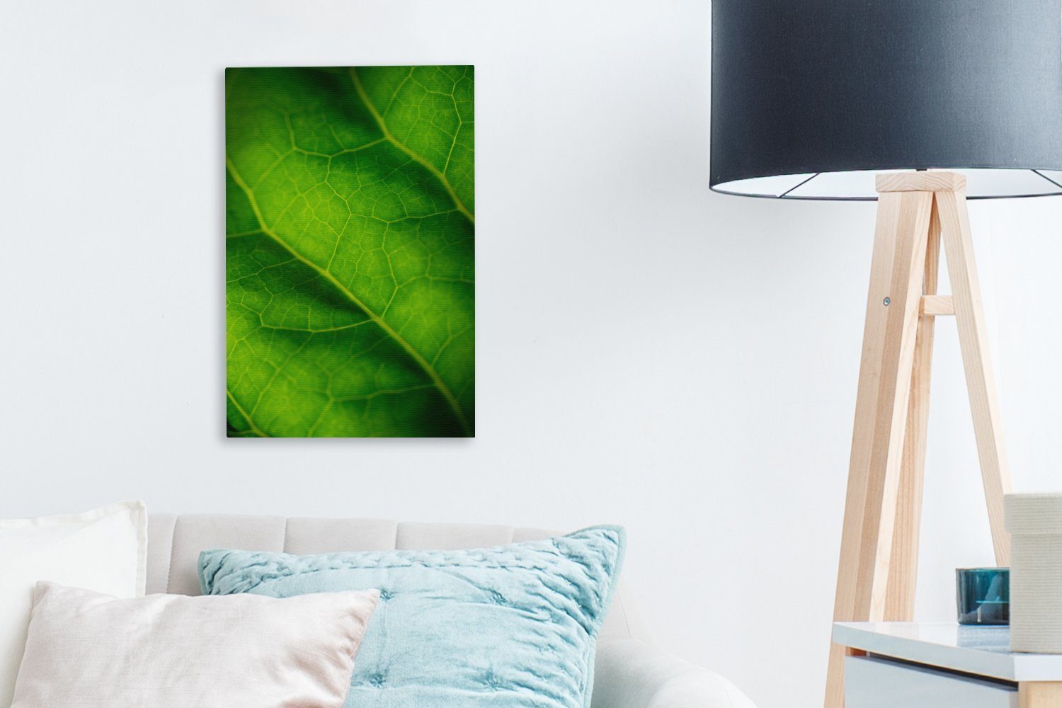 Grüne Gemälde, inkl. (1 cm 20x30 Zackenaufhänger, bespannt eines Farben Leinwandbild St), OneMillionCanvasses® botanischen Blattes, Leinwandbild fertig