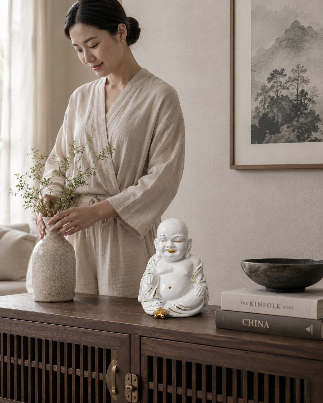 JVmoebel Buddhafigur Zen Buddha Keramikfigur Weiß Gold Dekor Wohnaccessoire Sofort, dekorative Buddha-Figur