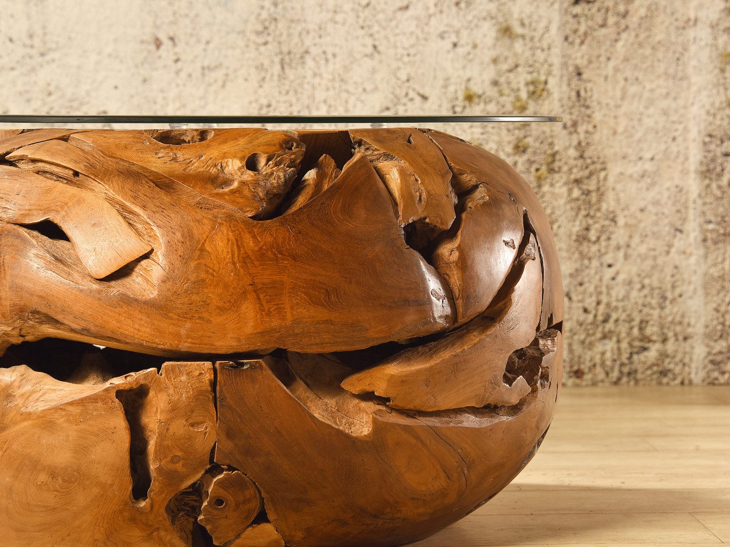 Bambus-Lounge Couchtisch Sofatisch Elements mit Glasplatte aus Teakholz Wohnzimmertisch