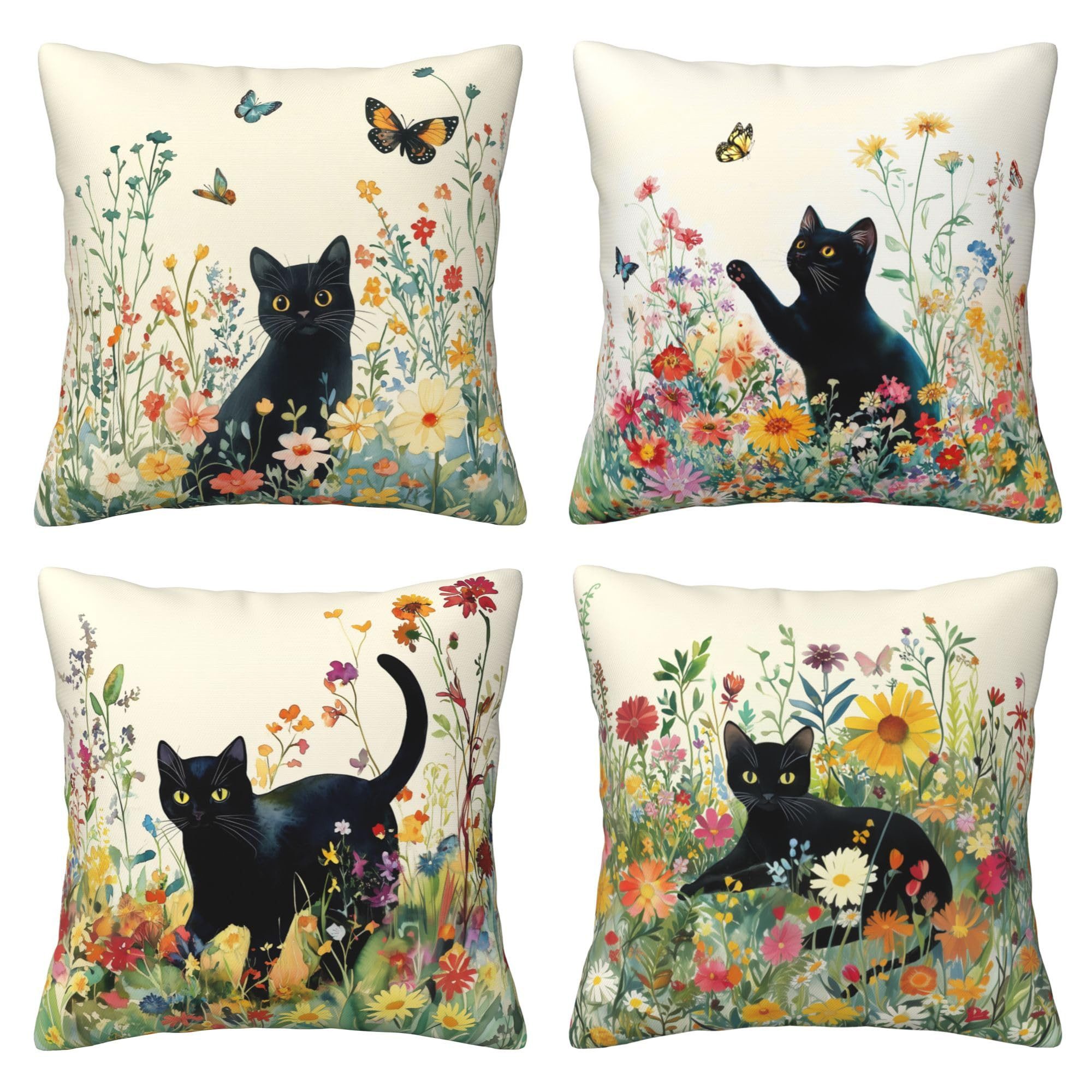 nsihing Kissenbezüge 4er-Set,Kissen-Bezug Wiesen-Blumen Katze 45x45 cm, (4 Stück), Wohnzimmer Kissen-Hülle als Deko-Kissen Zier-Kissen Sofa-Kissen