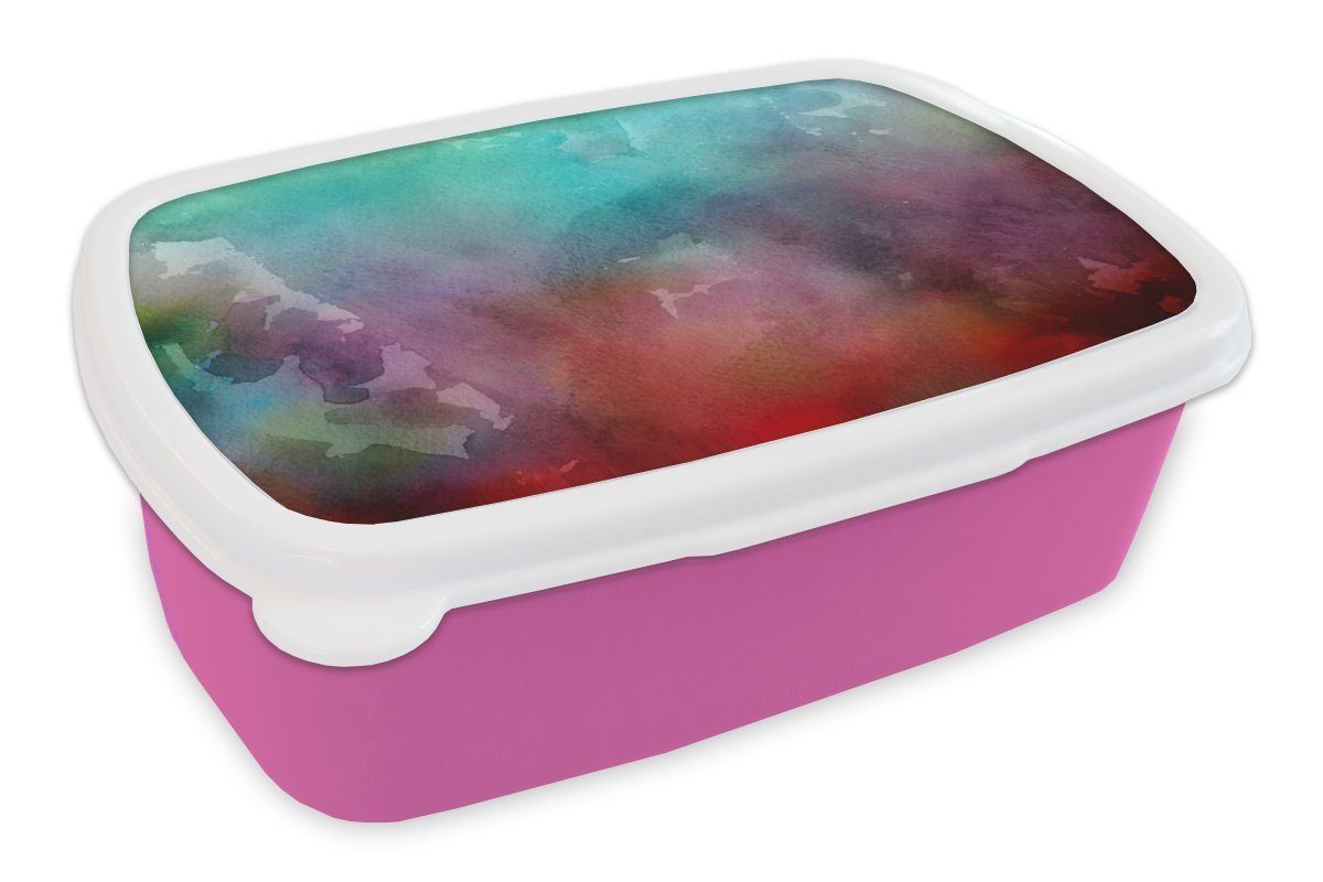 MuchoWow Lunchbox Aquarell - Grün - Rot, Kunststoff, (2-tlg), Brotbox für Erwachsene, Brotdose Kinder, Snackbox, Mädchen, Kunststoff rosa