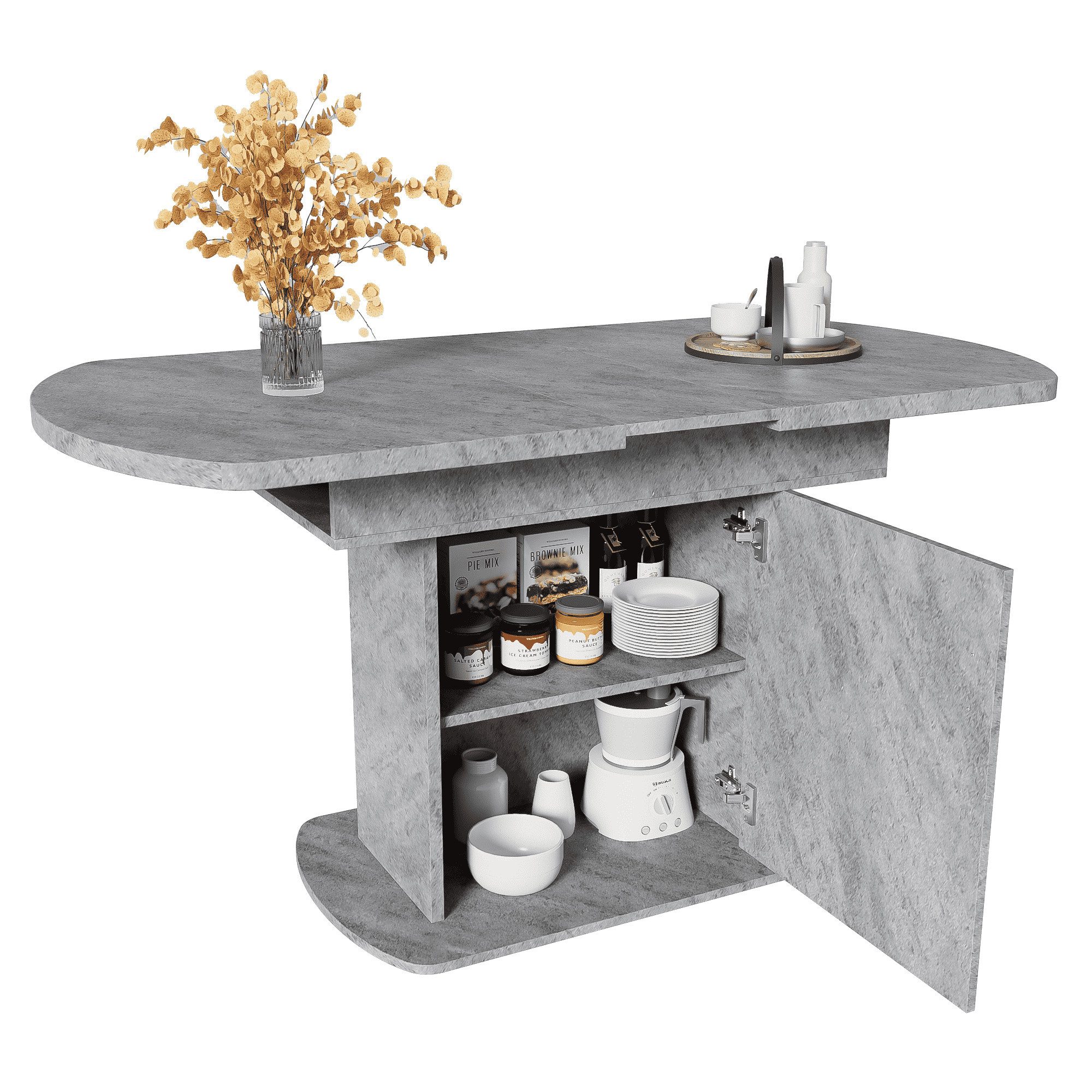 BlingBin Esstisch mit Stauraum, Ausziehbarer Ovaler Esstisch, 110/130*70*75cm (1er Set, 1-St., Kaffee-Freizeittisch, Platzsparender Multifunktionaler Esstisch), Moderner Minimalistischer Esstisch, Betonoptik+Silberner Griff