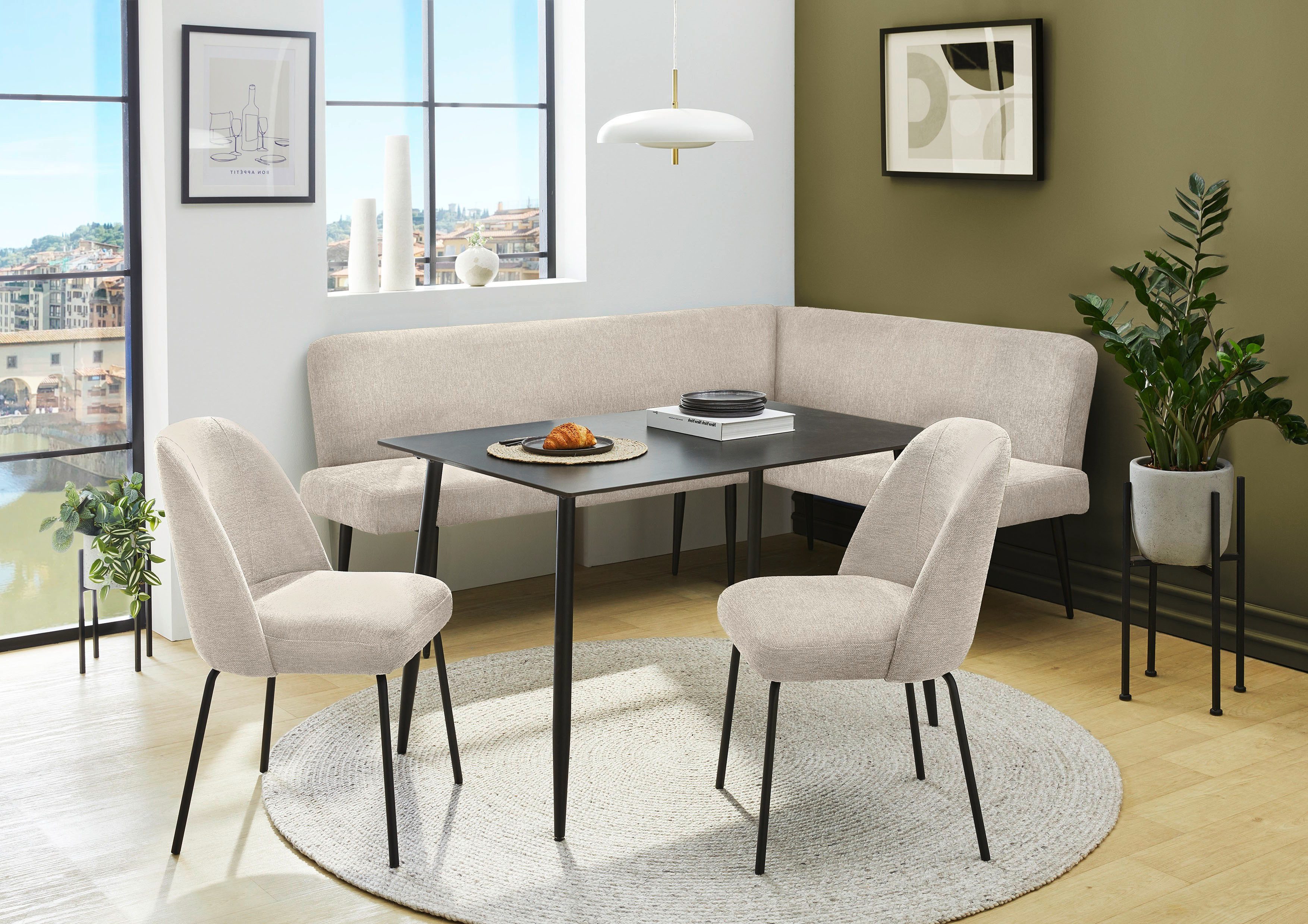 OTTO home Eckbankgruppe Melvin (Set, 4-tlg. Tisch, Bank und 2 Stühle), Taschenfederkern, Tisch (120x75cm) schwarz, Bank und Stühle anthrazit oder beige