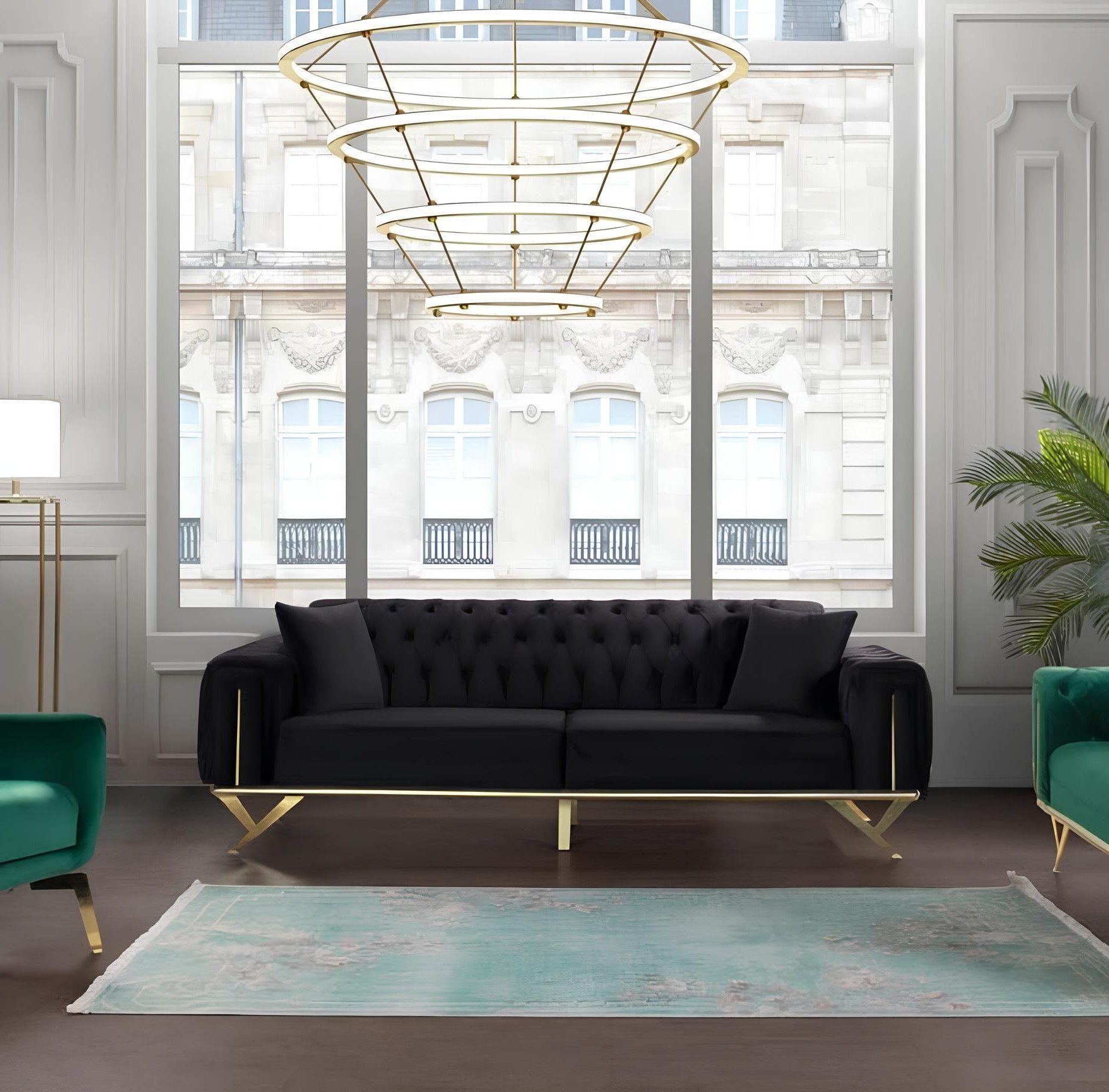 Xlmoebel Chesterfield-Sofa Schwarze Samt Couch Dreisitzer mit Holzfüßen und Sitzpolster, 1 Teile, Made in Europa