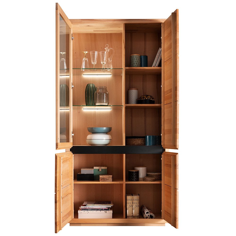 Lomadox Vitrine WINCHESTER-69 Vitrinenschrank Standvitrine 103 cm Buche massiv geölt Hirnholz-Detail