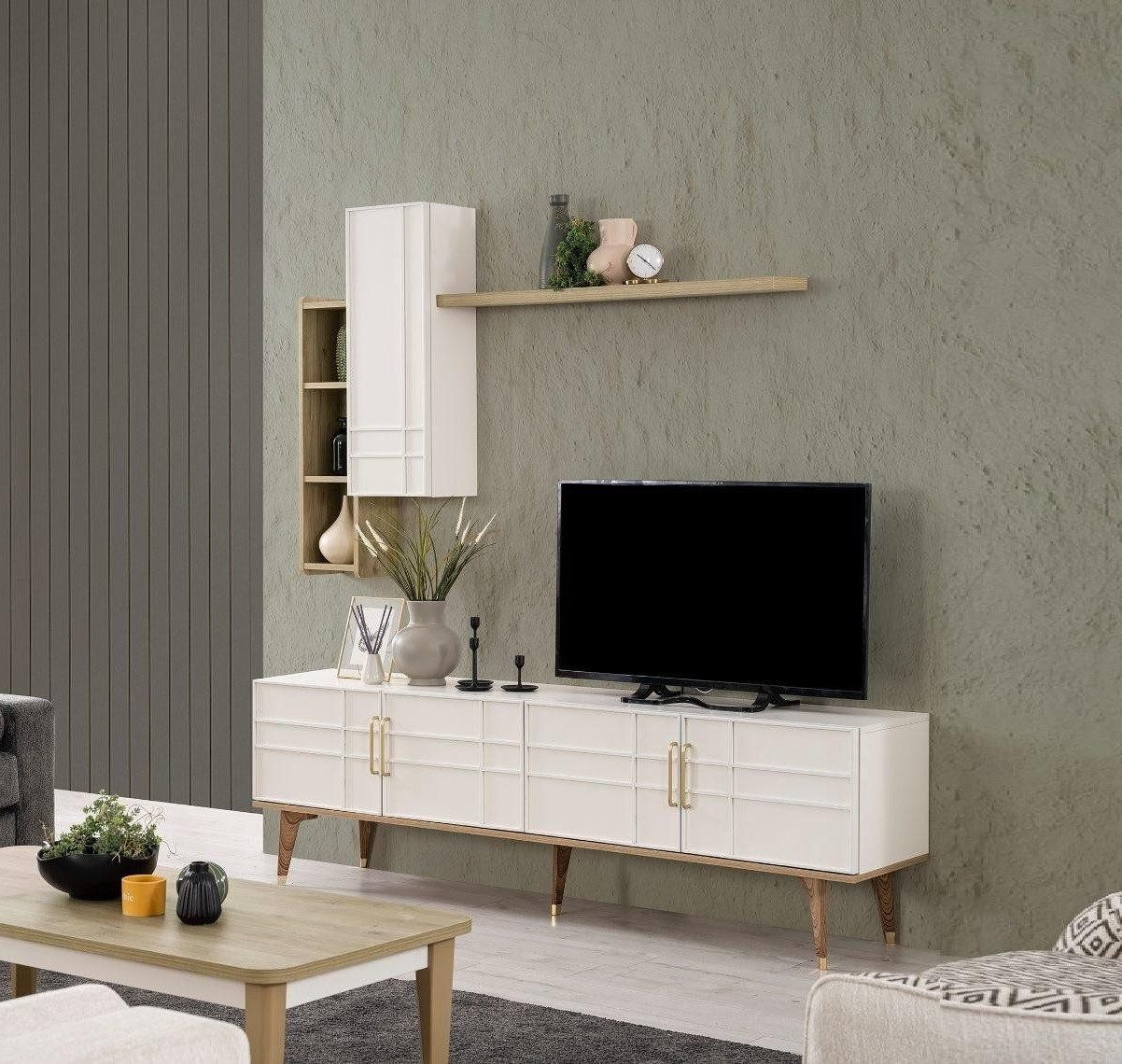 Wohnwand Garnitur TV Ständer Schrank RTV Lowboard Wohnzimmer Regale Weiß Holz