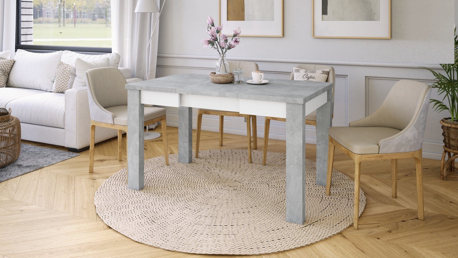 130 cm designimpex 85 Tisch Esstisch / bis Esstisch ausziehbar Beton matt Weiß Design Fonte