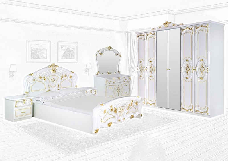 Interdesign24 Schlafzimmer-Set »Remo-Oro«, (Weiss/Gold, im klassischen Barock Stil), 6-Teilig inkl. Doppelbett + 2 Nachtkommoden + Wäschekommode + Wandspiegel + 6-Türiger Kleiderschrank