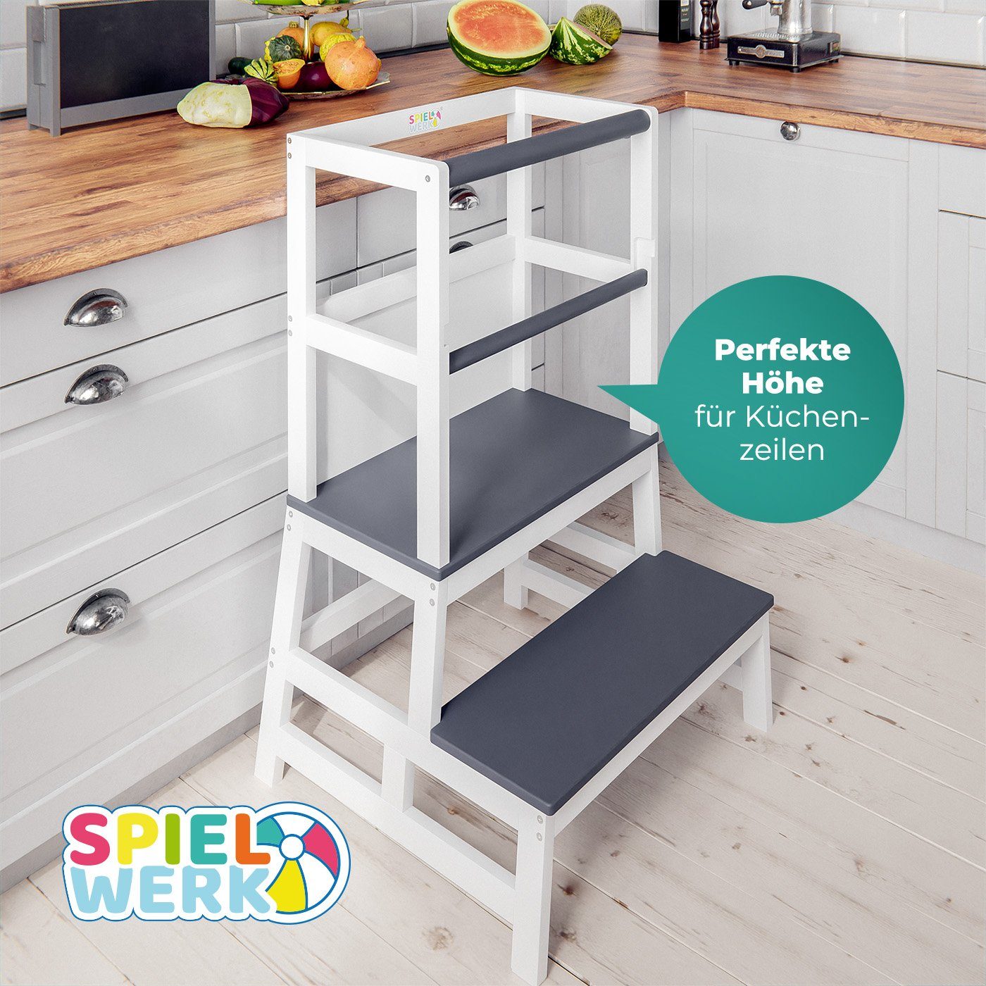 Spielwerk Stehhilfe, Lernturm 100kg belastbar Sicherheitsstange Tritthocker günstig online kaufen