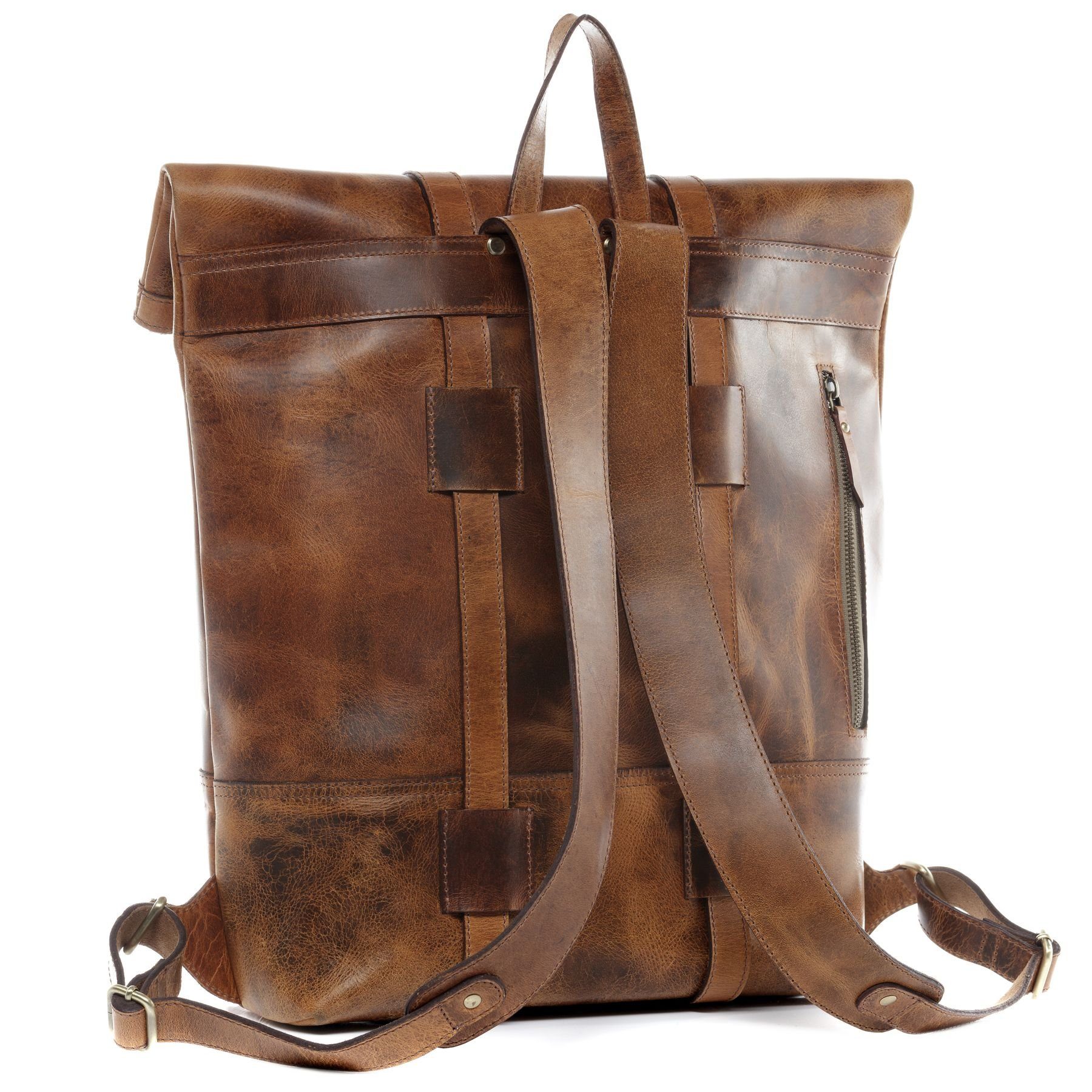 SID & VAIN Rucksack echt Leder Rucksack groß 15 Zoll Laptop Fach braun, Tagesrucksack Roll-Top Echtleder Damen Herren Vintage-hellbraun