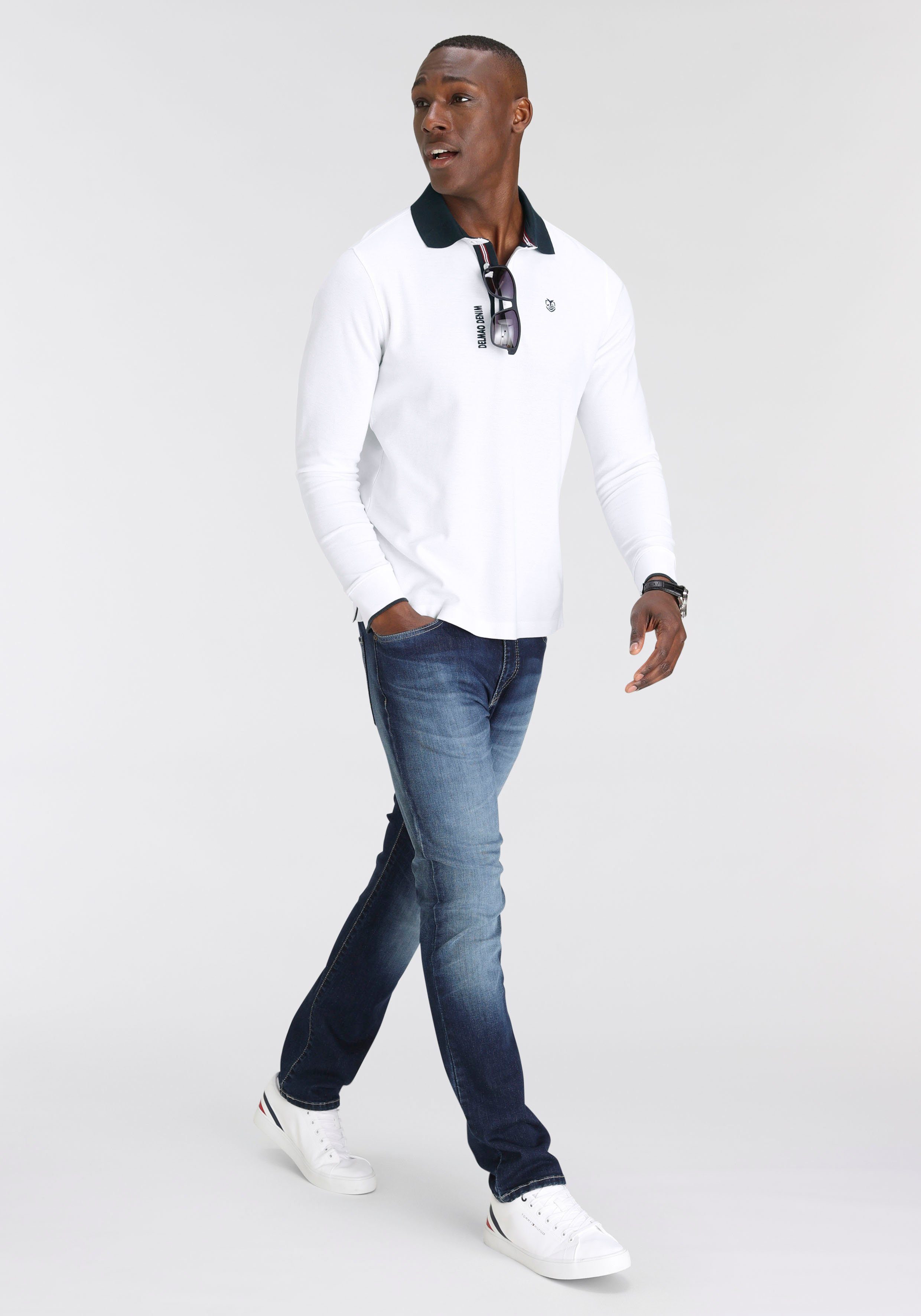 DELMAO Langarm-Poloshirt Langarm, aus atmungsaktivem Piqué-Stoff, Polokragen