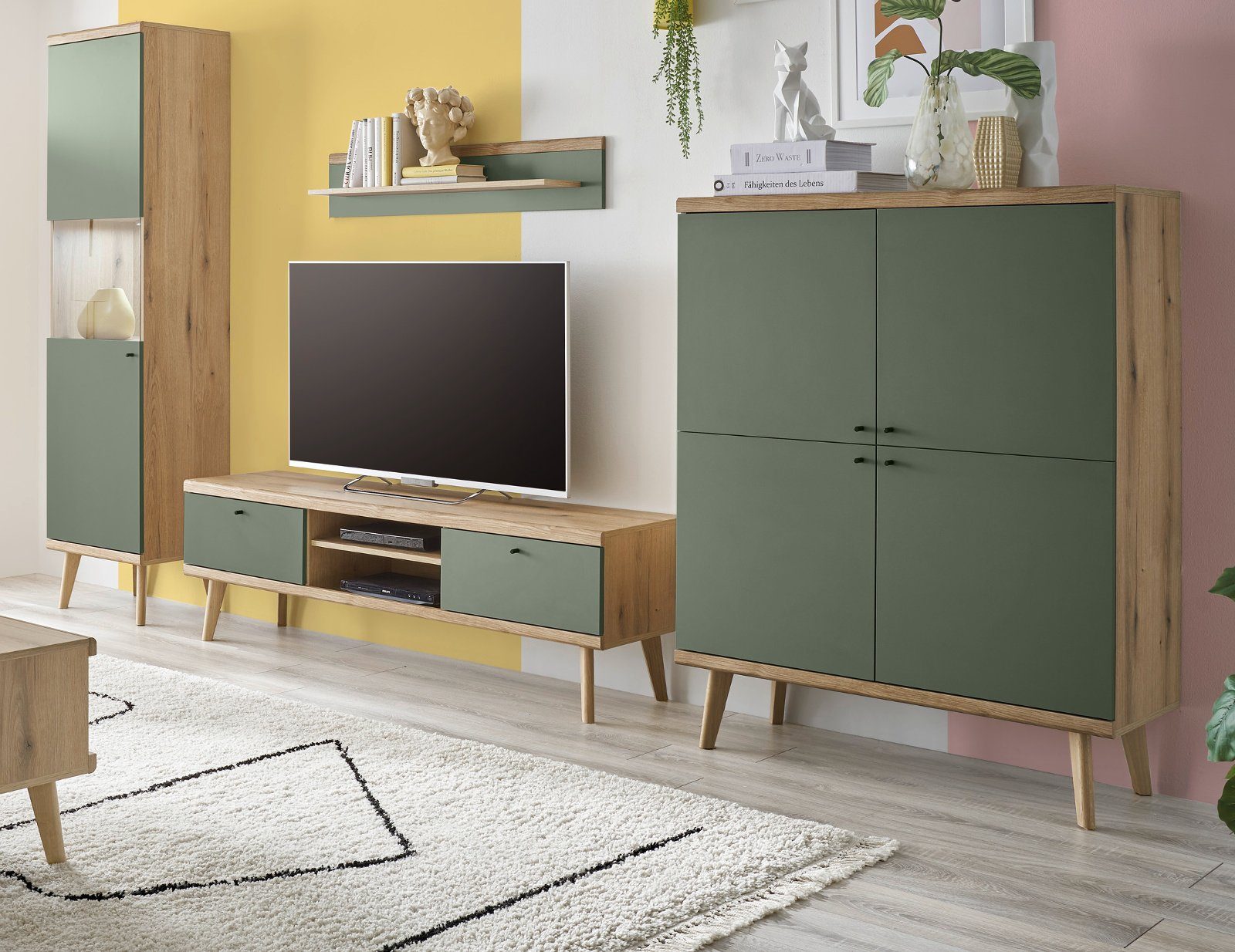 Furn.Design Wohnwand Juna, (in Evoke Eiche mit Salbeigrün, 4-teilig, 325 - günstig online kaufen