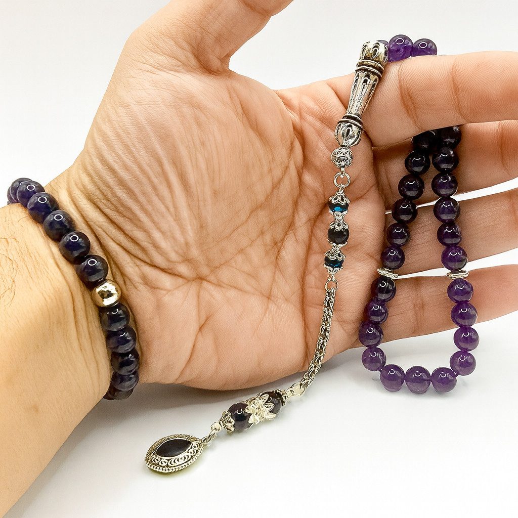 M-Punkt24 Kettenanhänger Set Tesbih Tespih Armband (Amethyst Armband & Tesbih, Set Angebot, Gebetskette, Rosary), Schmuck für Männer Misbah Subha
