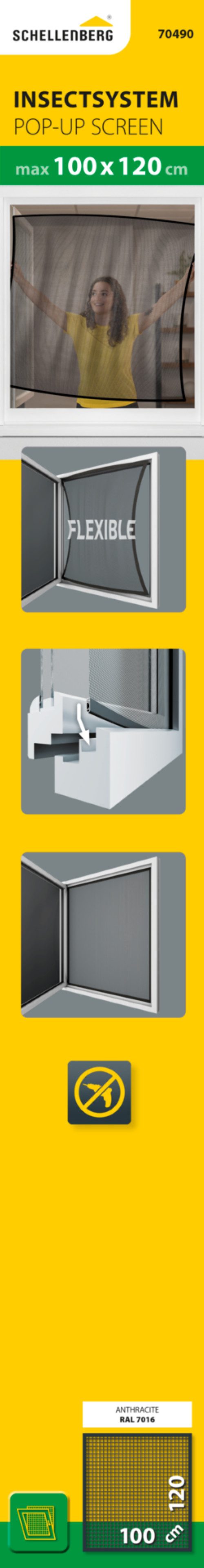 SCHELLENBERG Insektenschutz-Fensterrahmen ohne bohren, Fliegengitter-Pop-up-Fenster, flexibel, (1-St), zum Einspannen, 100 x 120 cm, anthrazit