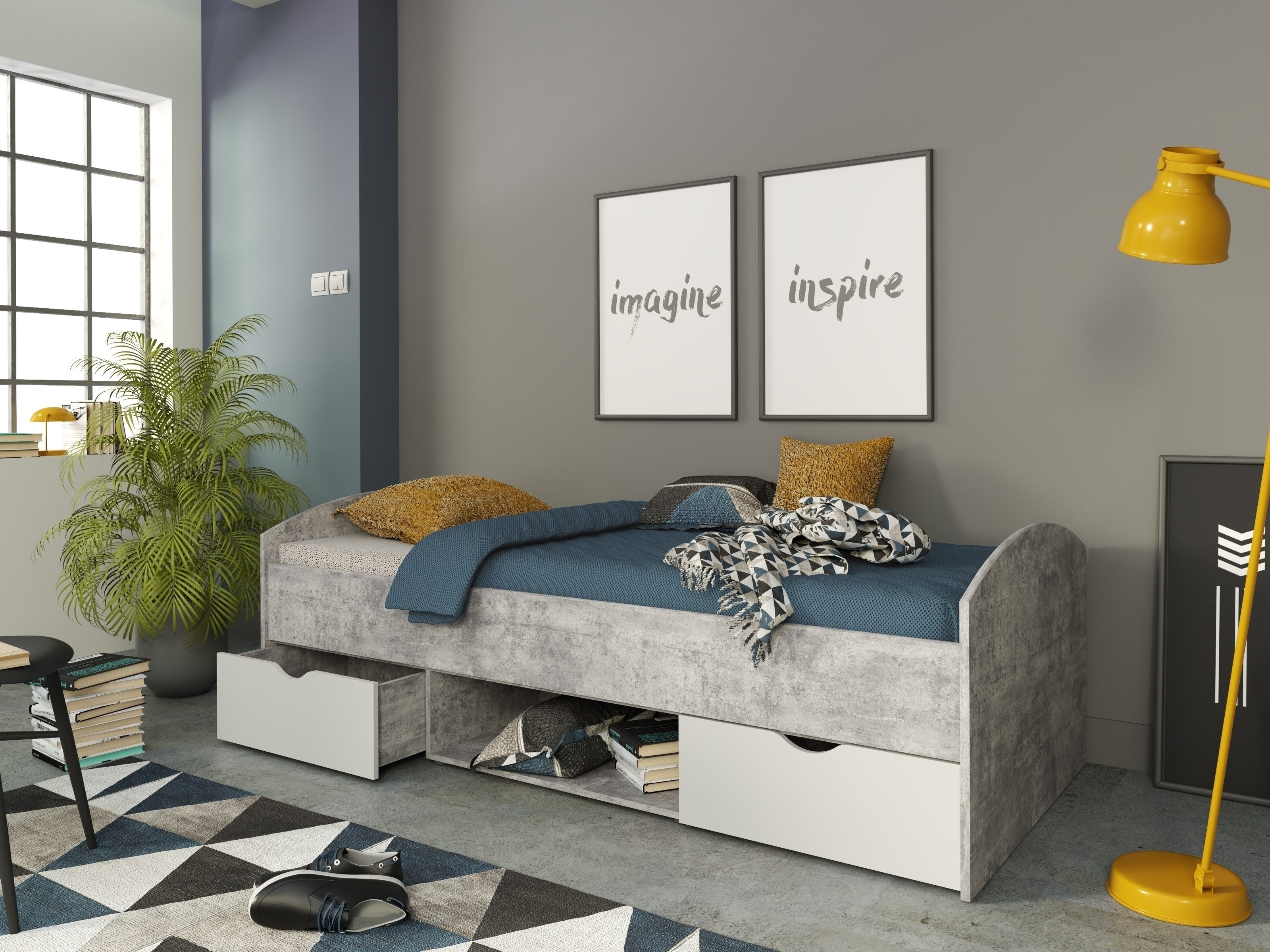 FORTE Stauraumbett Liegefläche 90x200cm, Betonoptik grau/ Weiß - 96x65x203,6cm (BxHxT)