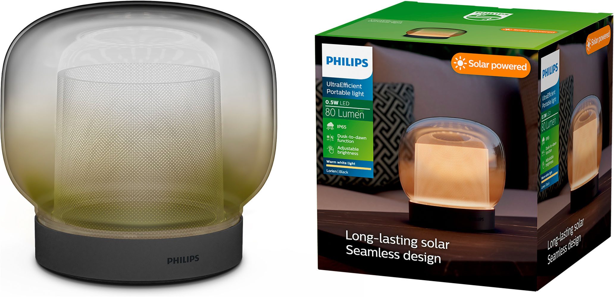 Philips LED Solarleuchte Lorien ultraeffiziente Tischleuchte, 2700 K, 200 Lumen, schwarz, Abschaltautomatik, Bewegungsmelder, Ein-/Ausschalter, Leuchtdauer einstellbar, mehrere Helligkeitsstufen, LED fest integriert, Warmweiß, Invisible Solarpanel, mit Bewegungsmelder, 2.2 Watt, warmweißes Licht