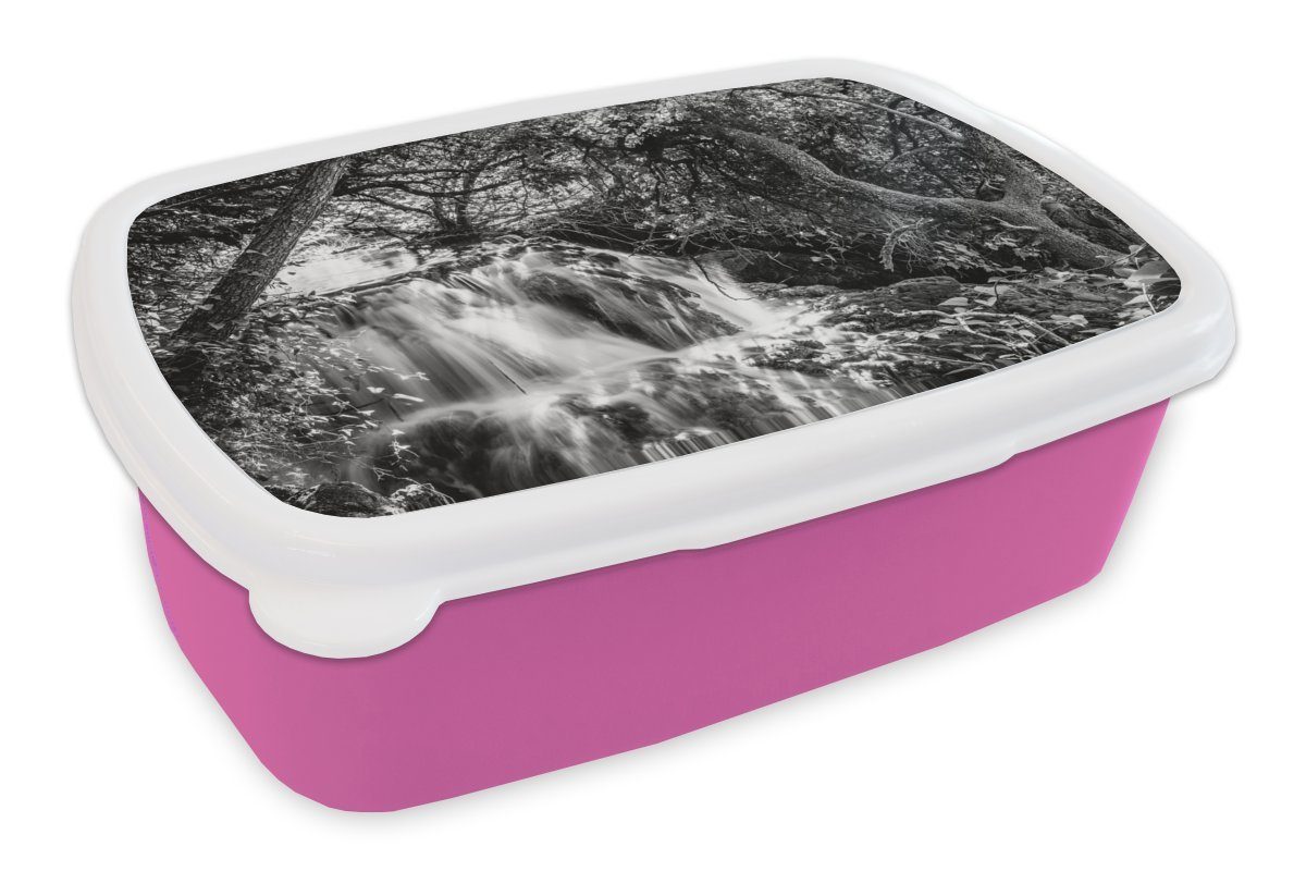 Snackbox, Nationalparks MuchoWow Mädchen, Kinder, Kroatien, Erwachsene, Kunststoff Kunststoff, in Schwarz-Weiß-Ansicht des für Brotdose (2-tlg), Lunchbox rosa Brotbox Krka