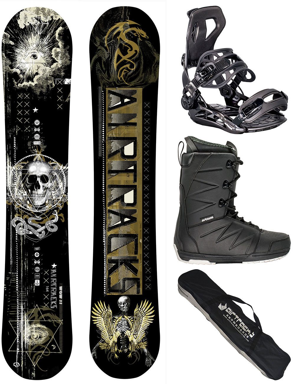 Airtracks Snowboard Snowboard Komplett Set WOW Carbon Rocker (4 St., 4er Pack), Snowboard + Bindung Master Fastec + Boots + Bag / 155 160 164 cm