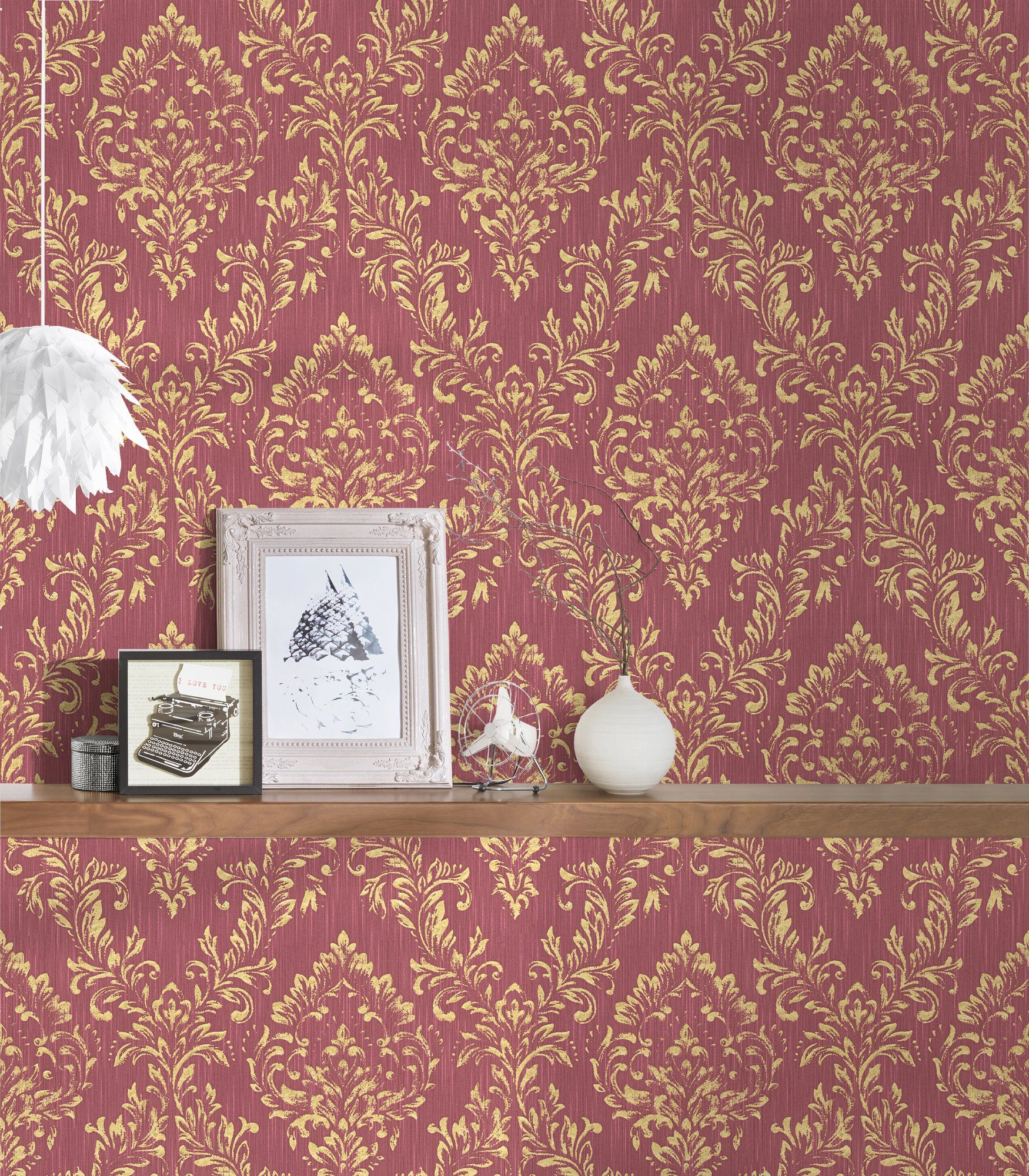 Architects Paper Barock, gold/rot Tapete Metallic samtig, matt, Ornament Silk, Textiltapete glänzend, Barock