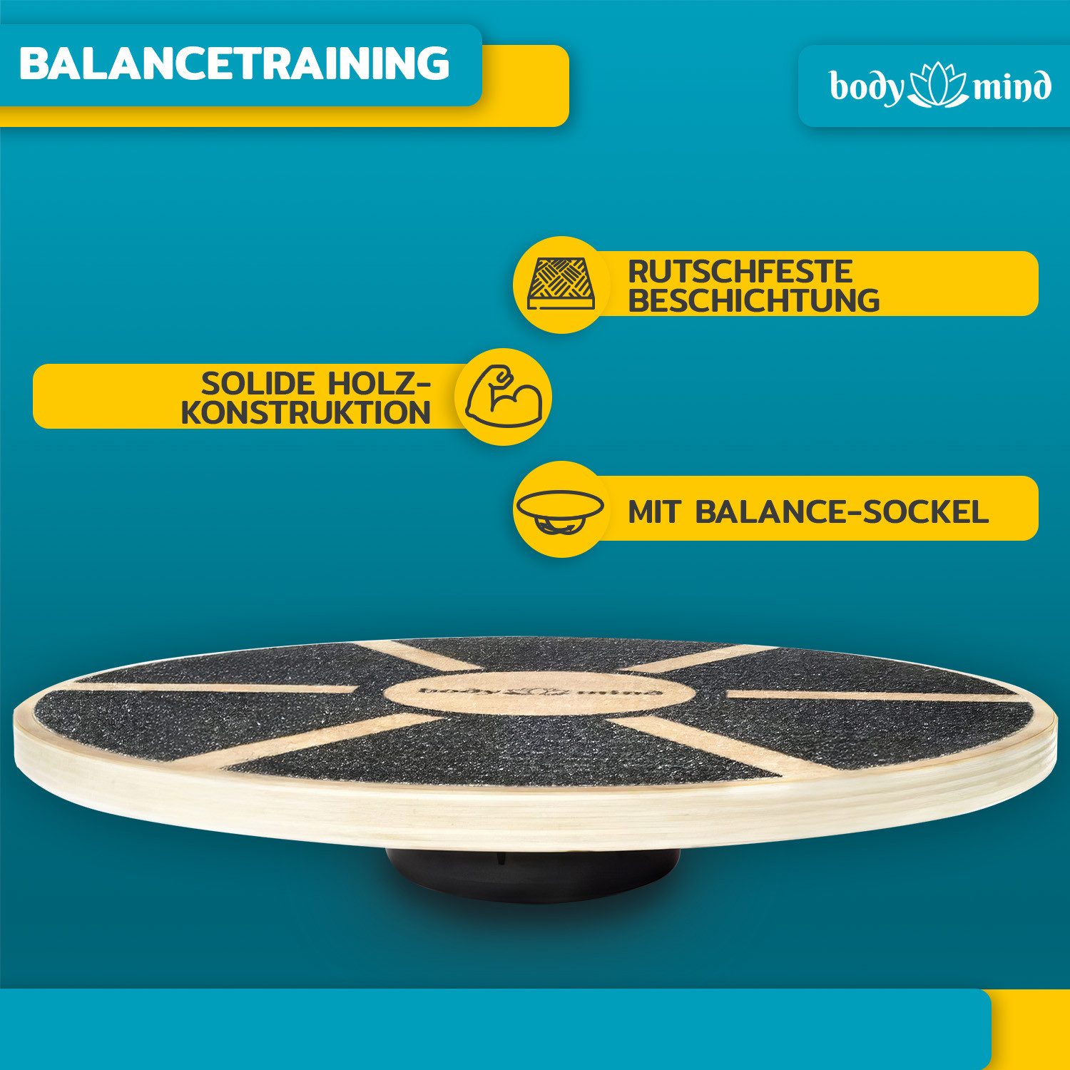Body & Mind Balanceboard Balance-Board Deluxe – Holz-Balance-Board & Core-Stabilitäts-Board Pro, Gleichgewichtstrainer aus Holz