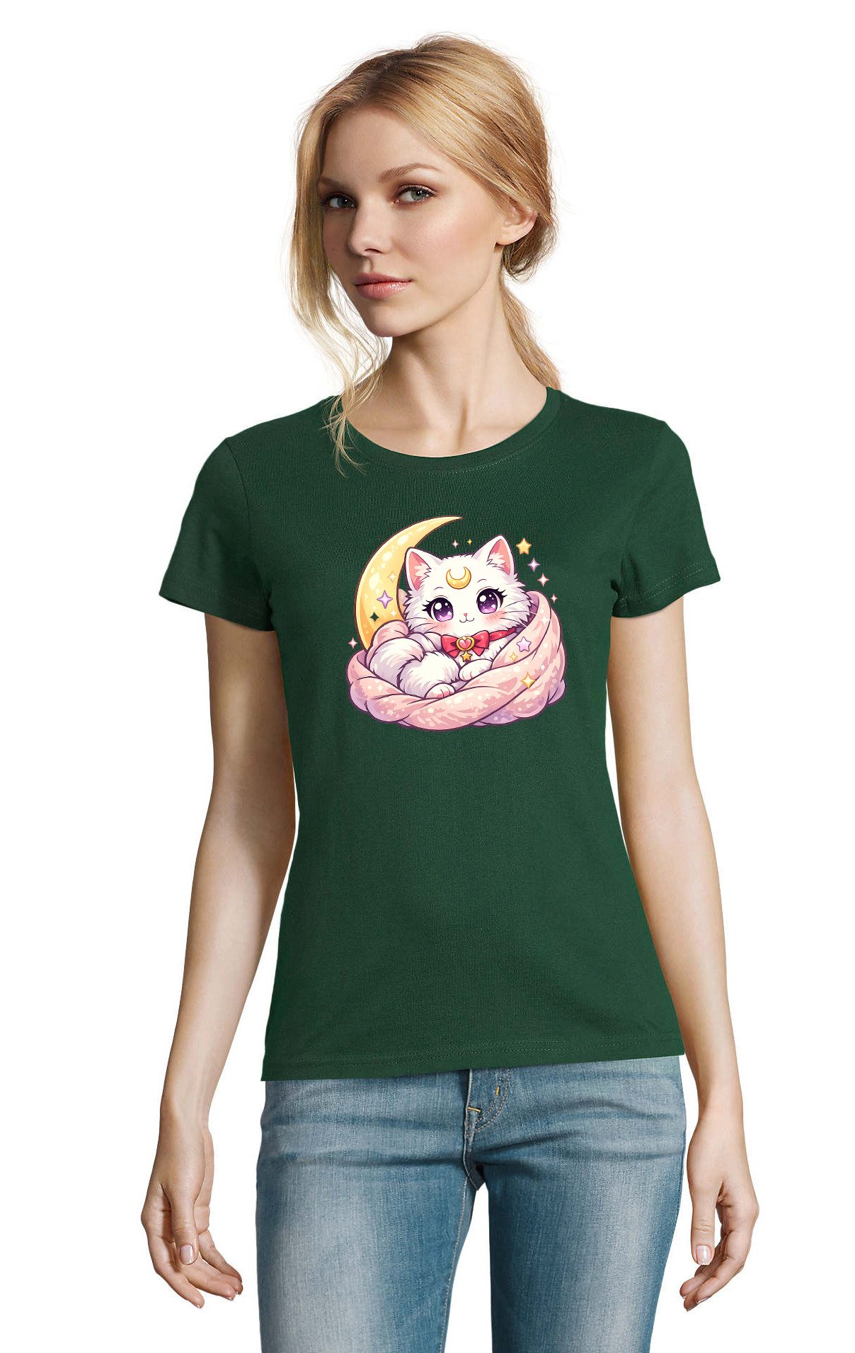 T-Shirt Damen T Shirt Katze Mond Manga Anime Cozy Kawaii Motiv Freizeit