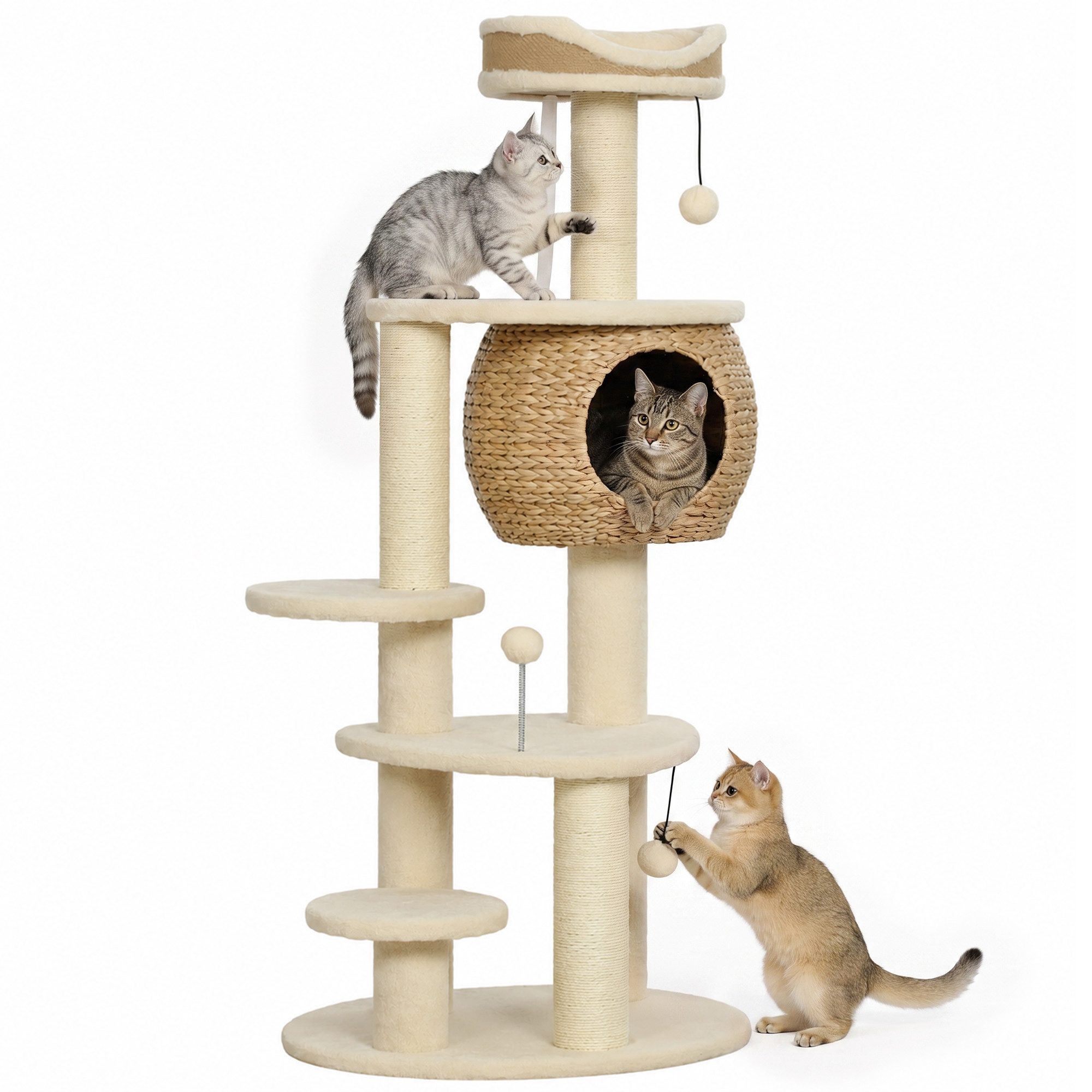 PawHut Kratzbaum Katzenbaum 132 cm hoch mit 3 Spielbällen und Kippschutz Beige, 4 Ebenen, Höhle, 3 Sisalstämme – Bild 2 von 5