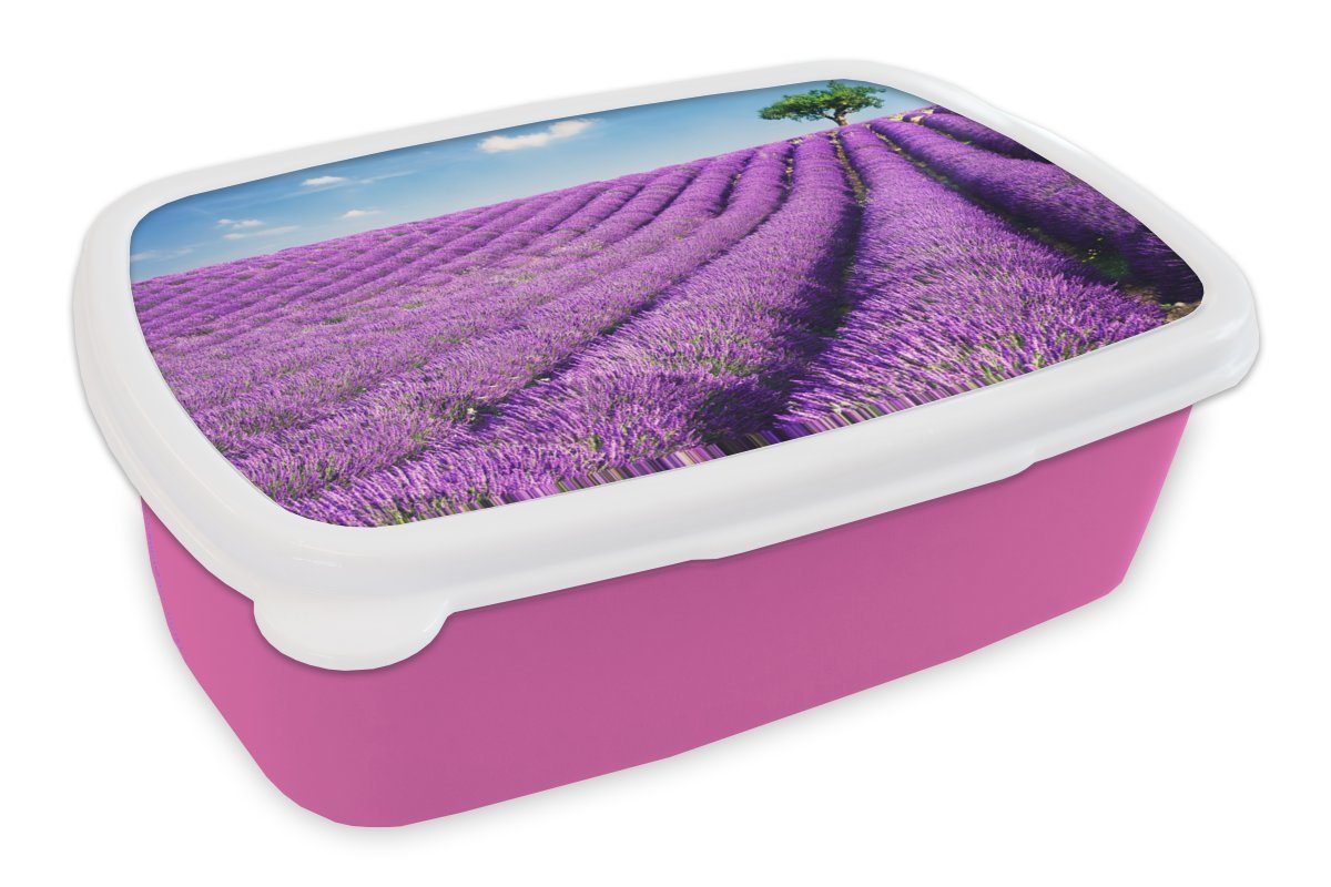 für Rollende Lunchbox (2-tlg), mit Mädchen, Brotbox MuchoWow Snackbox, Kunststoff Brotdose Erwachsene, Kunststoff, Kinder, rosa Baum, einem Lavendelhügel