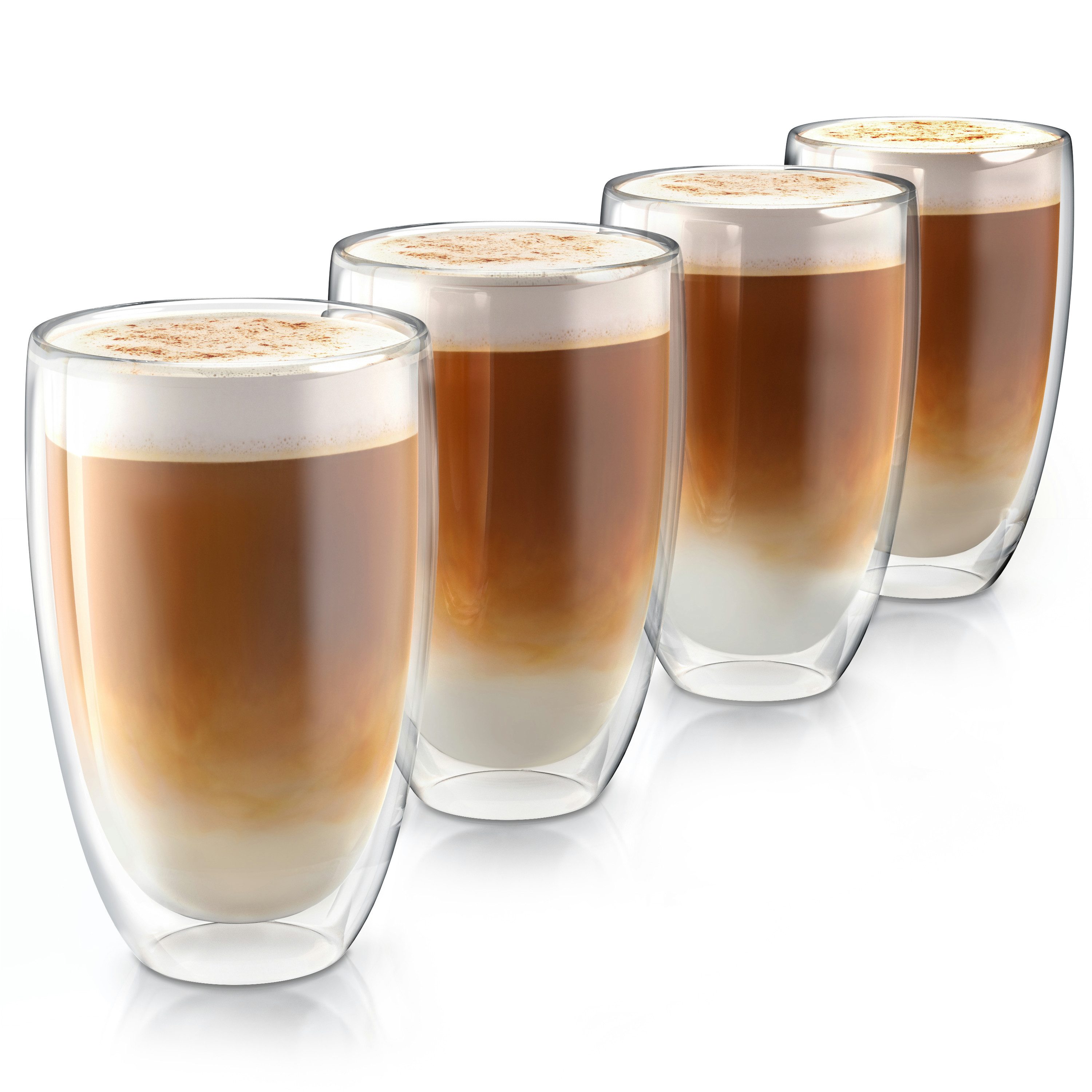 Arendo Gläser-Set doppelwandige Thermogläser, 450 ml Kaffeetasse, Trinkglas ohne Henkel, 4-tlg., Glas, für Latte Macchiato, Cappuccino, Tee, hitzebeständig spülmaschinenfest
