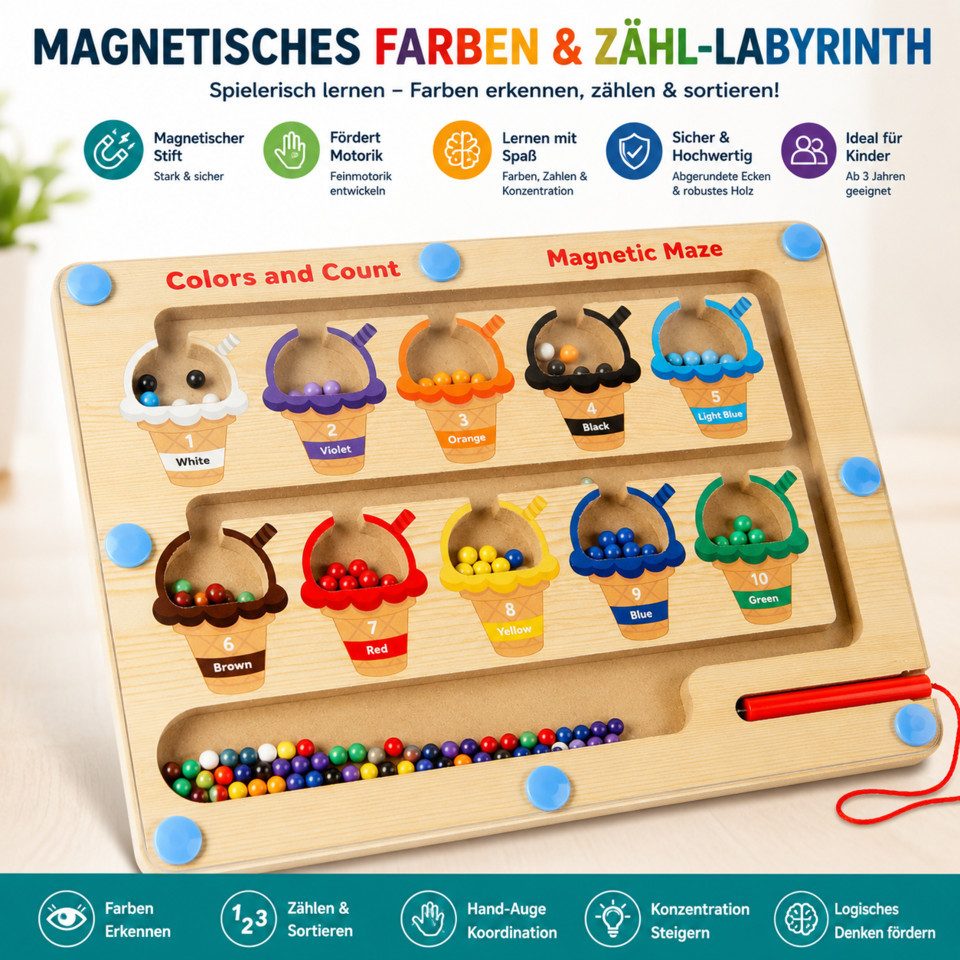 White Fox Studio Puzzle Magnetisches Montessori Labyrinth – Motorik Holzspielzeug ab 2 Jahren, 55 Puzzleteile, Hochwertige Verarbeitung