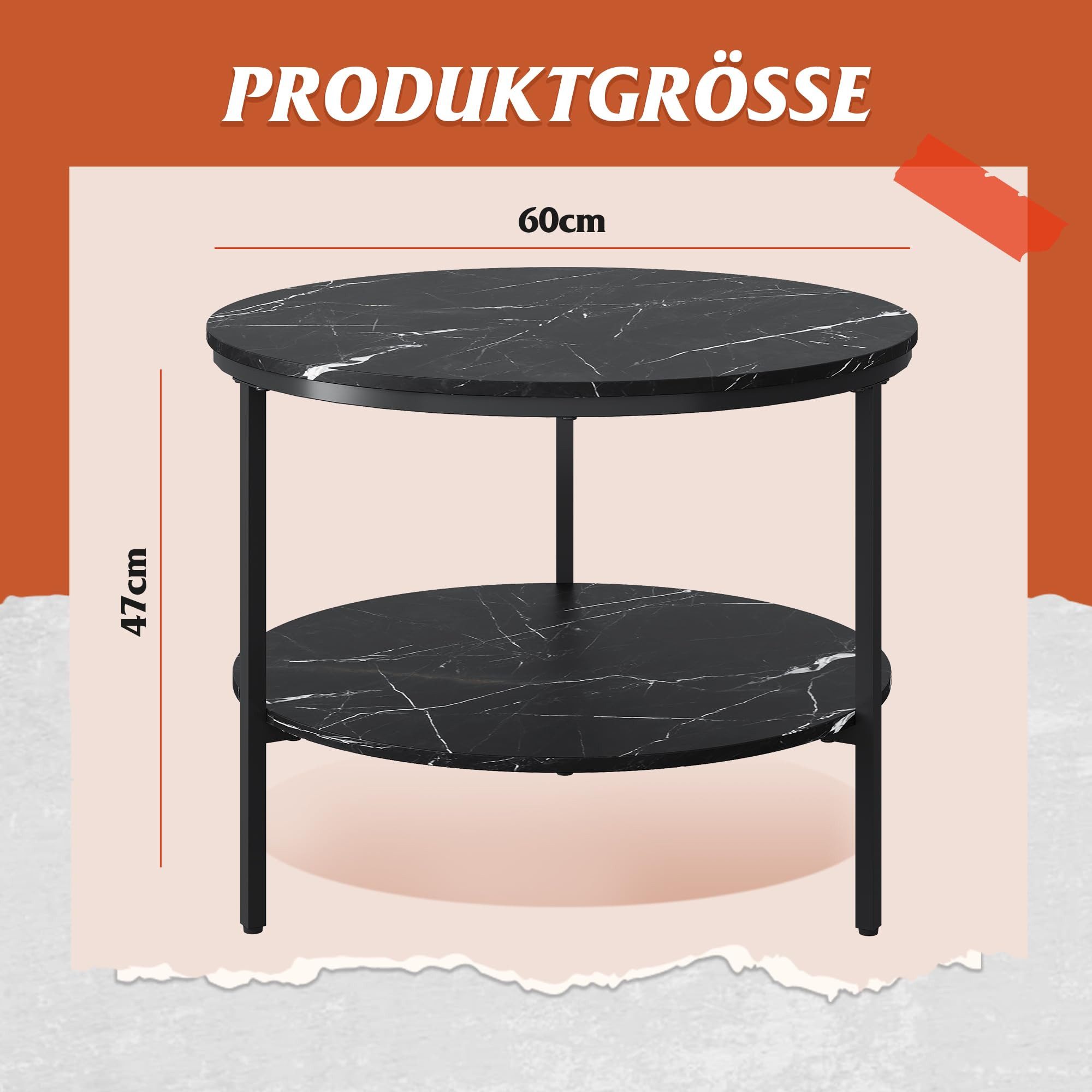 WLIVE Couchtisch Couchtisch rund mit 2 Ebenen, Beistelltisch Holz mit Metallgestell (1 Tisch), Wohnzimmertisch mit Metallrahmen, für Wohnzimmer, Schlafzimmer